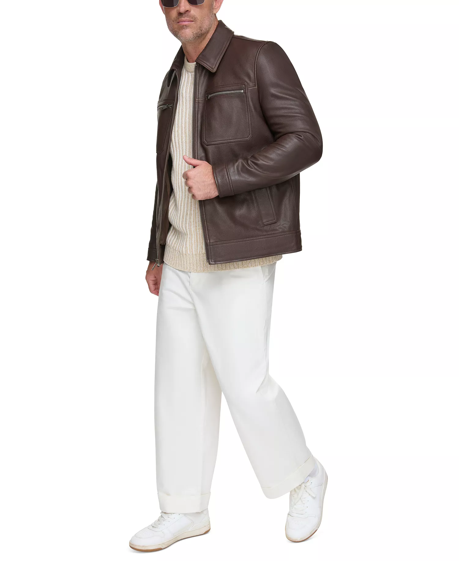 Men's Halen Pebbled Leather Trucker Jacket - Chocolate - M