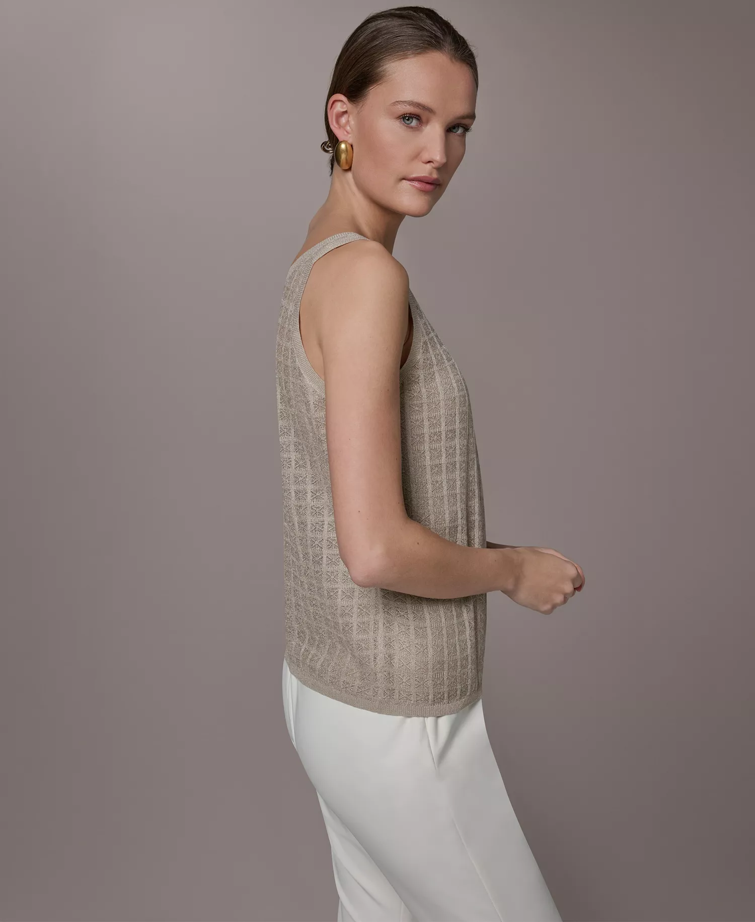 Women's Grid Pattern Sleeveless Sweater - Tuscan Gray - L