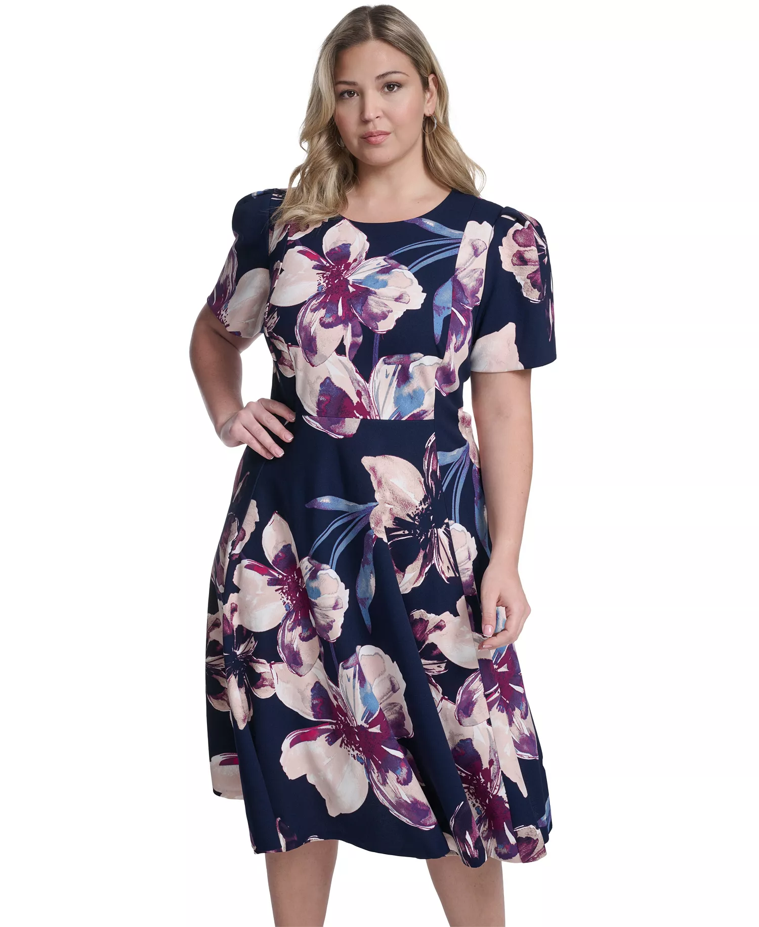 Plus Size Short-Sleeve Fit & Flare Midi Dress - Indigo Multi - 14W
