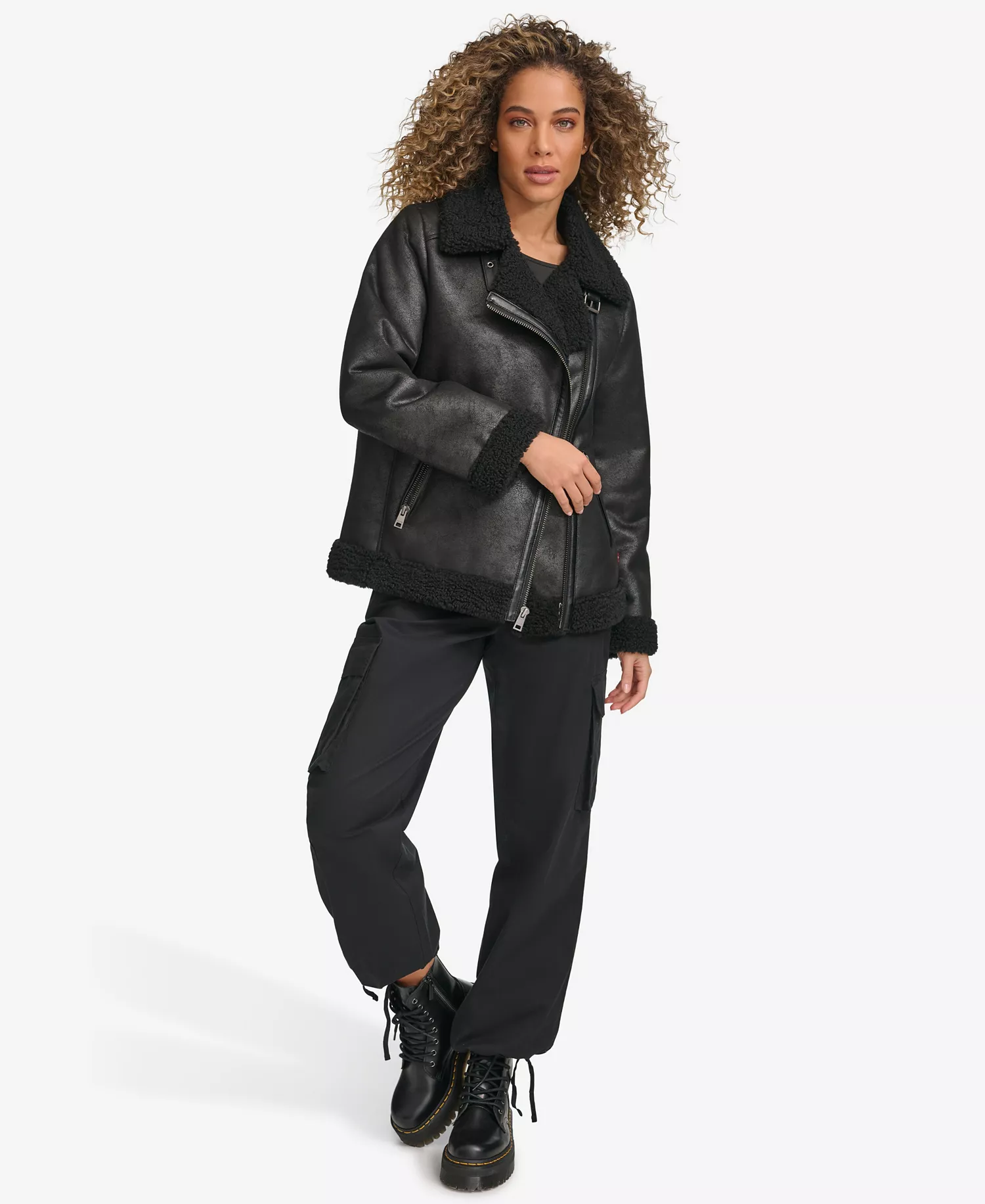 Women's Faux Shearling Asymmetrical Moto Jacket - Black - L