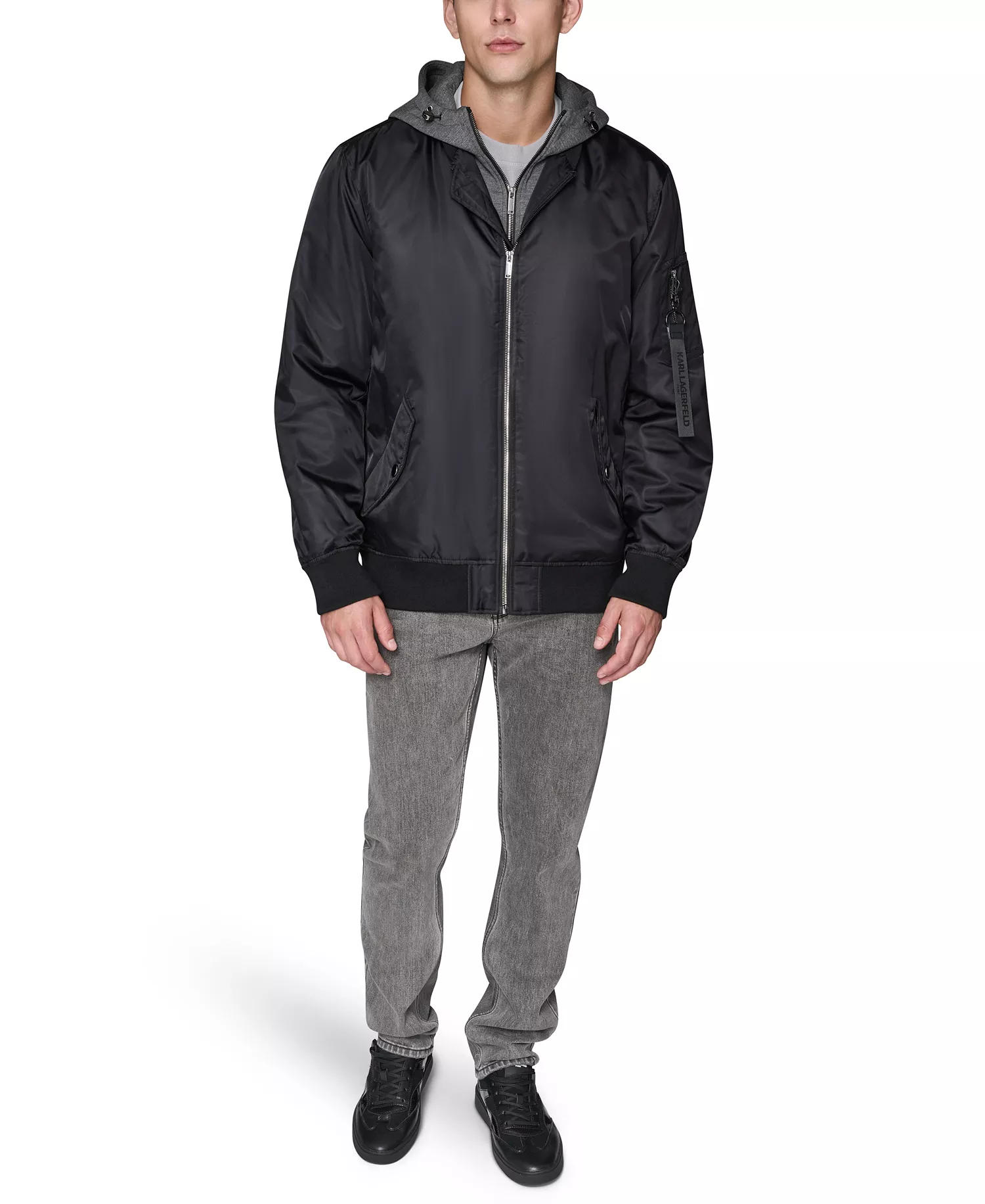 Men's Embroidered Signature Hooded Bomber Jacket - Black - 2XL