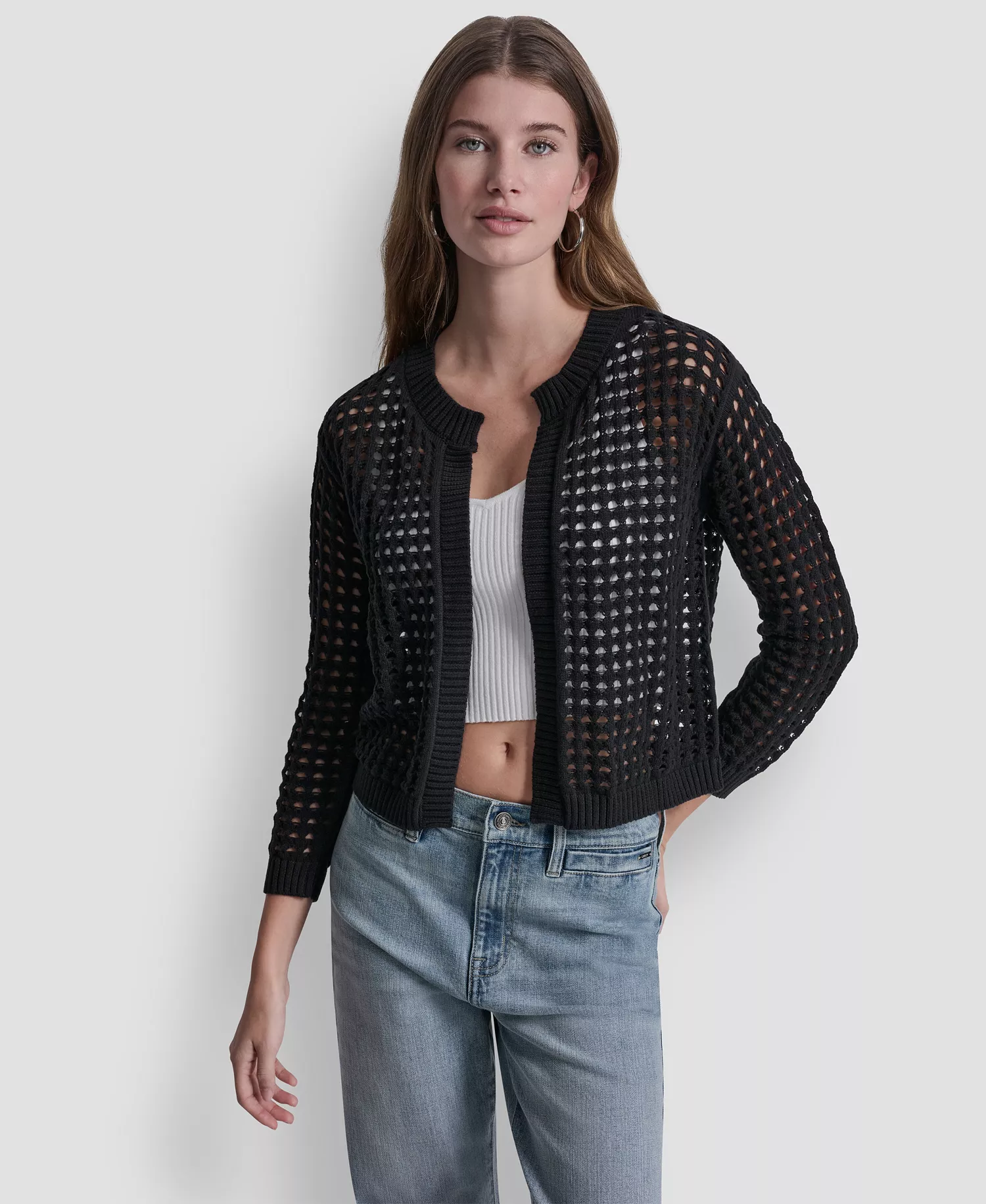 Women's Open-Stitch Drop-Shoulder Cardigan Sweater - Black - L