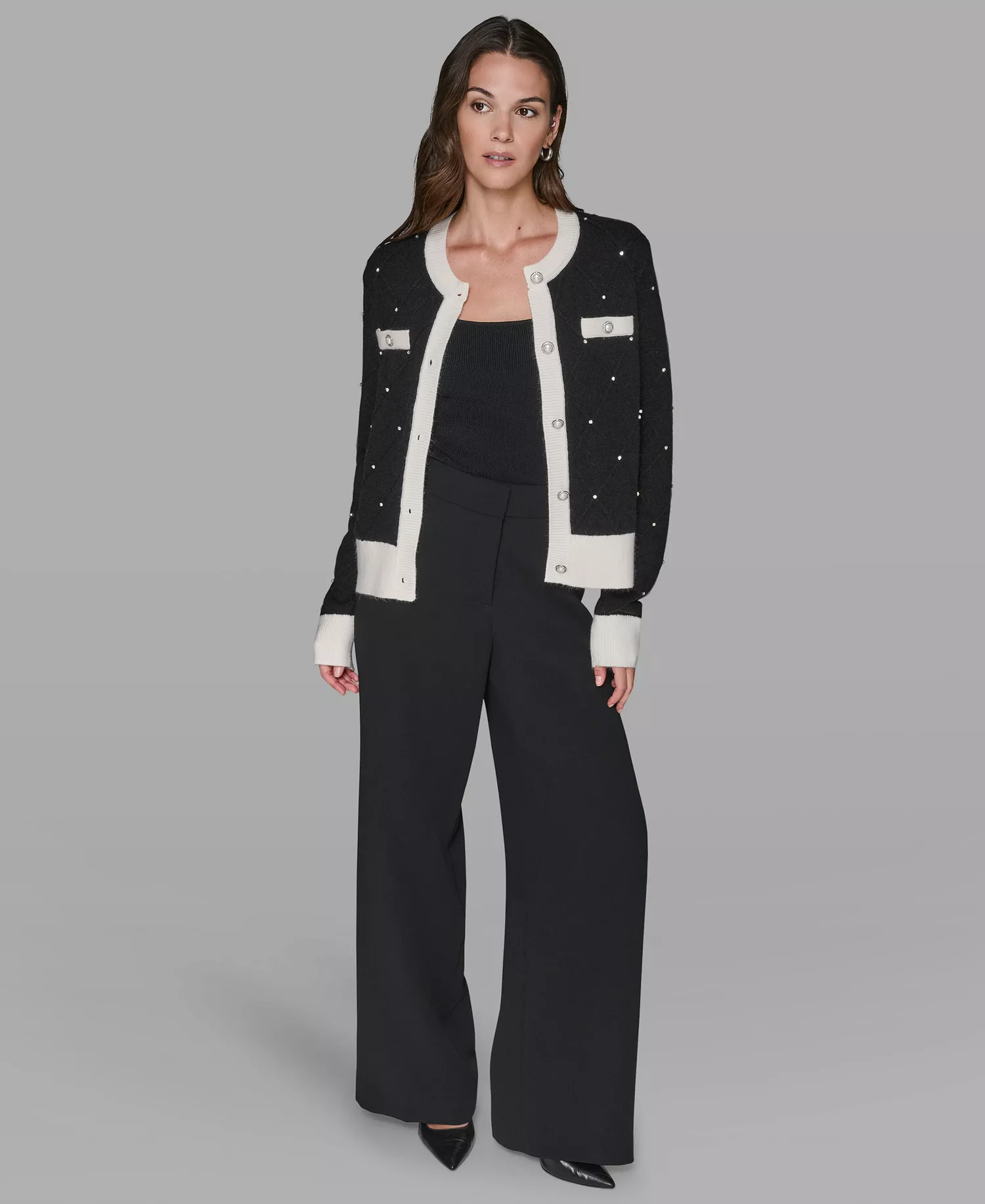 Women's Crew Neck Front-Button Cardigan Sweater - Black/Soft White - L