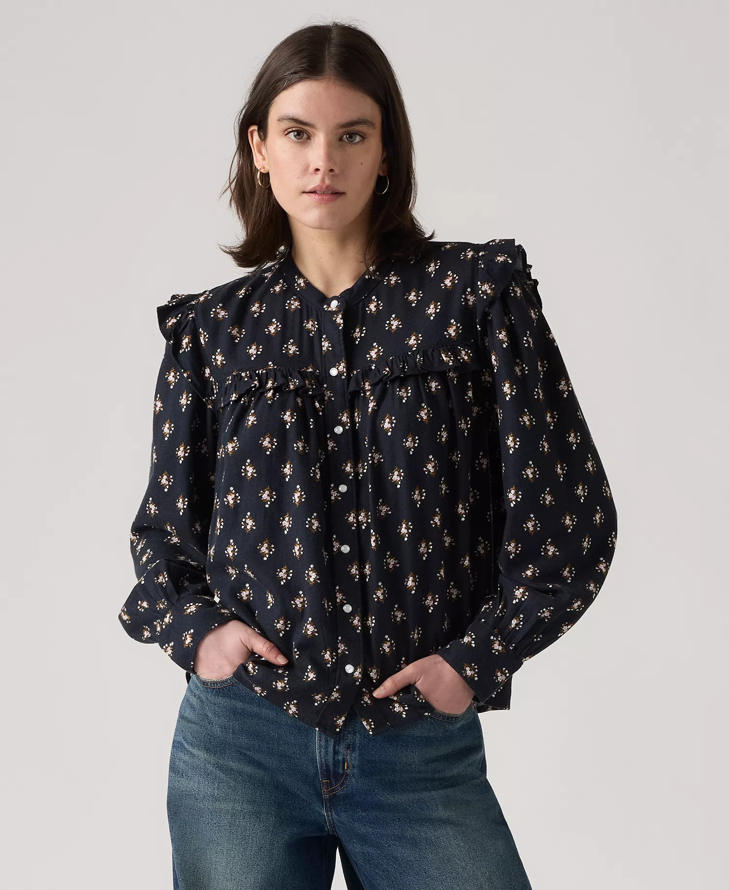 Women's Gianna Long Sleeve Ruffle Trim Blouse - Blue multi - L
