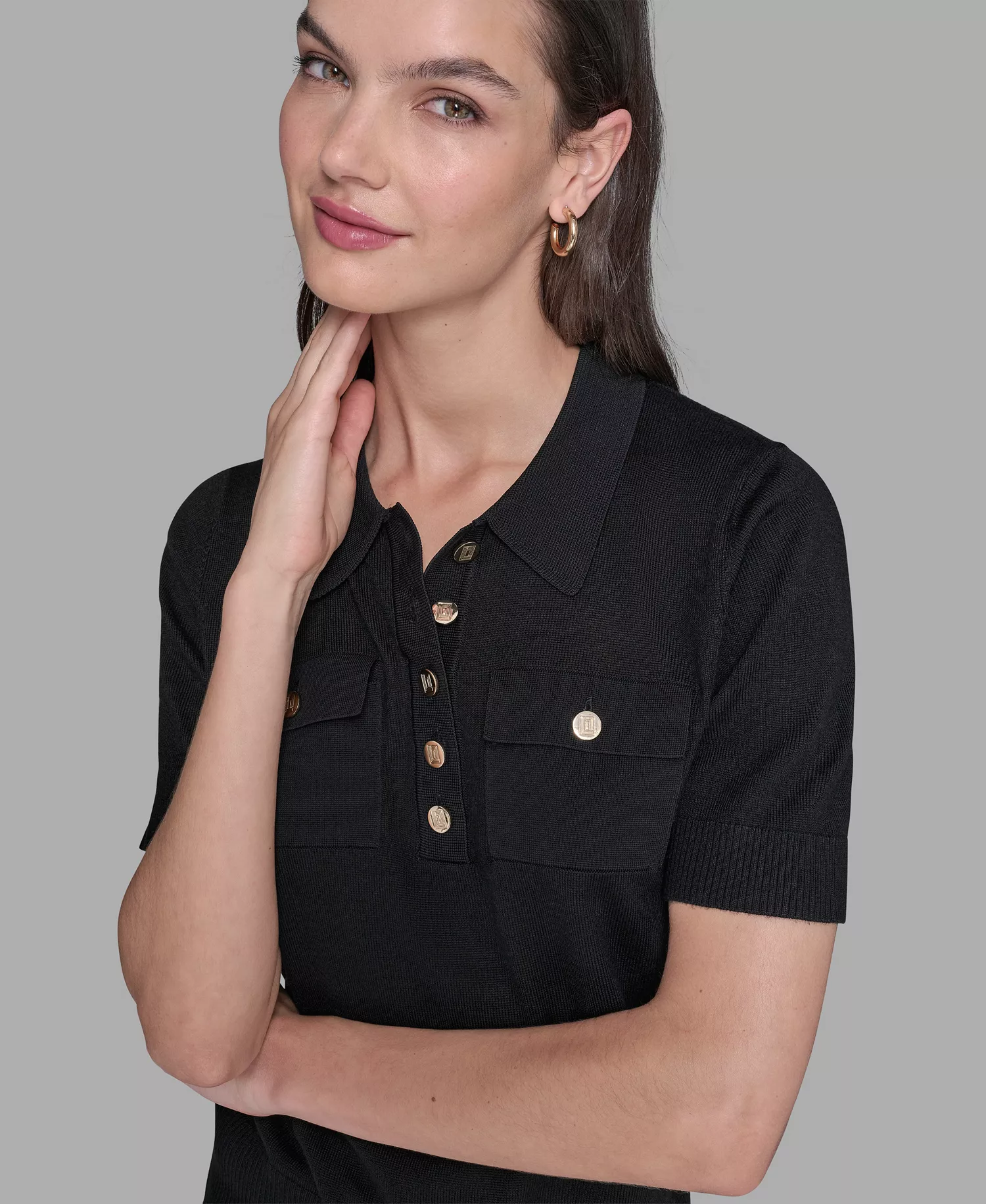 Women's Short-Sleeve Button-Front Sweater - Black - XS