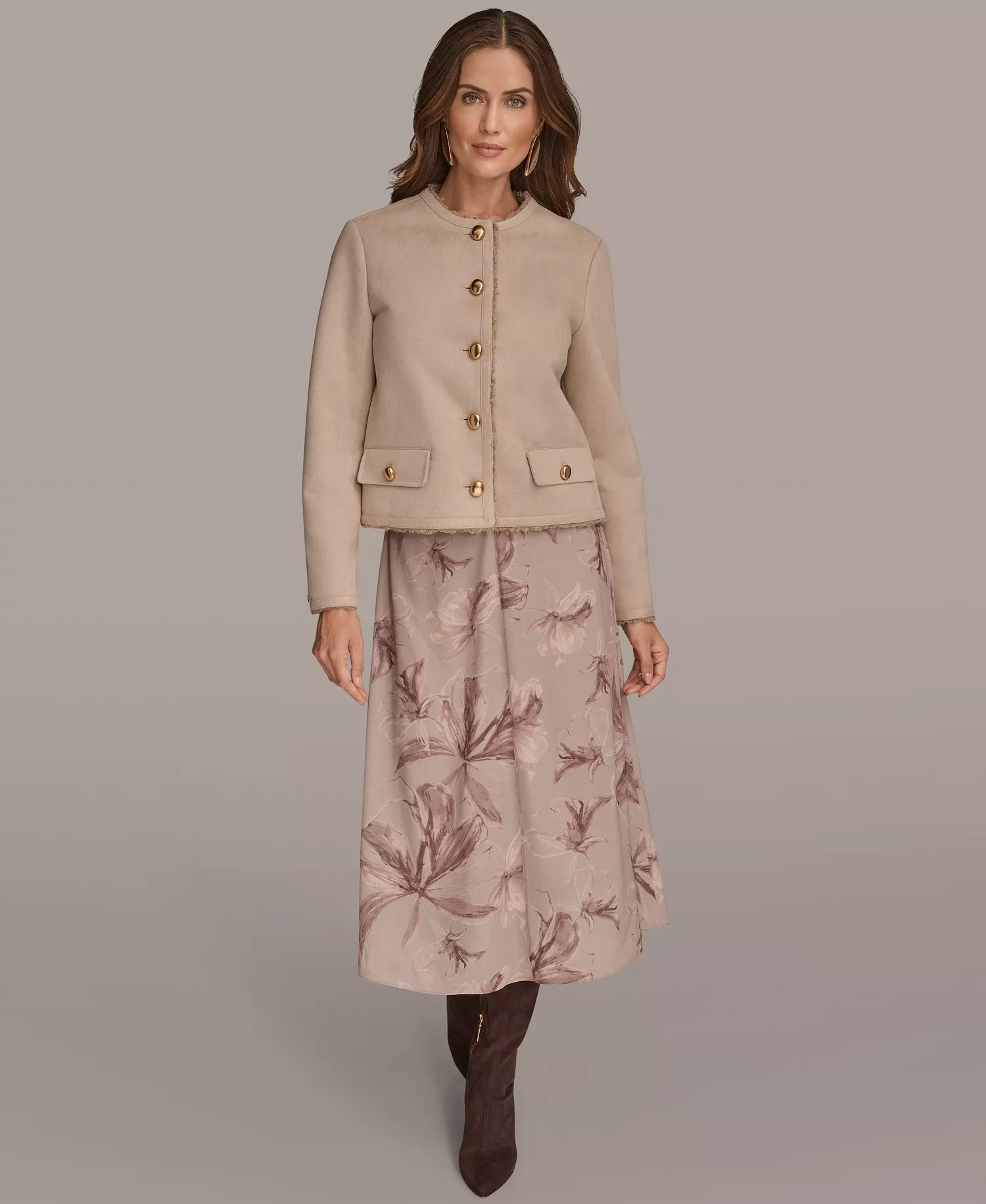 Women's Crewneck Button-Front Boxy Coat - Tan/Beige - L