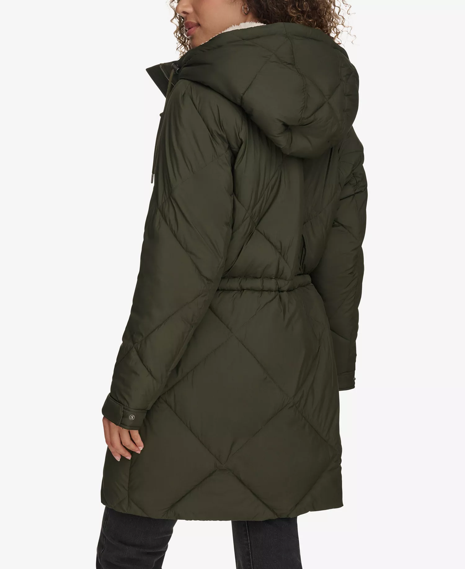 Women's Diamond Quilted Cinch Waist Parka Jacket - Army Green - L