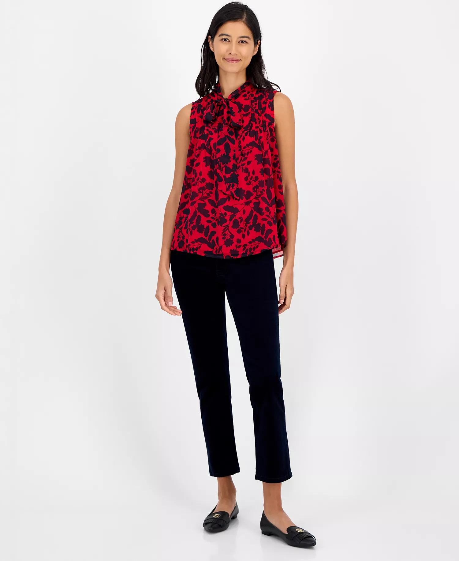 Women's Floral-Print Pleated Top - Scarlet/ Sky Captain - S