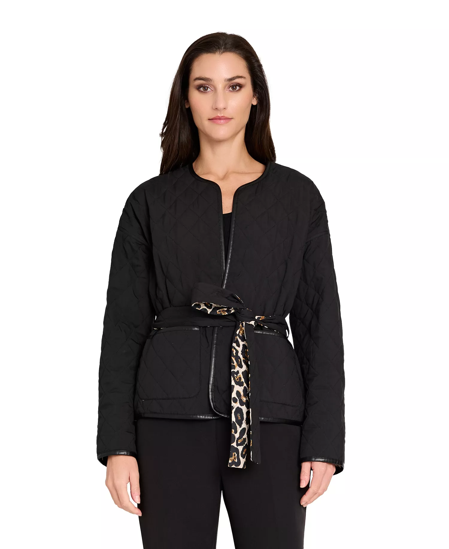 Women's Collarless Tie Belt Quilted Reversible Jacket - Natural Leopard - 10