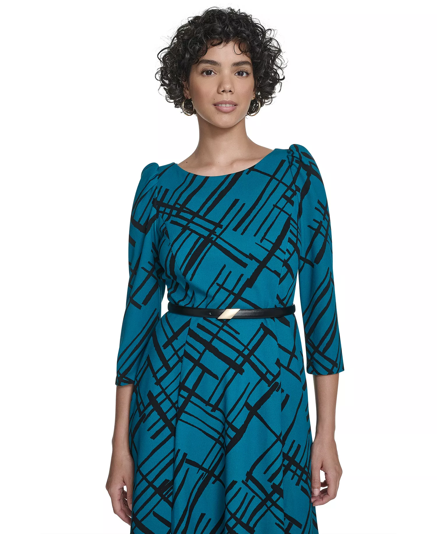 Women's Belted Plaid Midi Dress - EMERALD/BLACK - 14