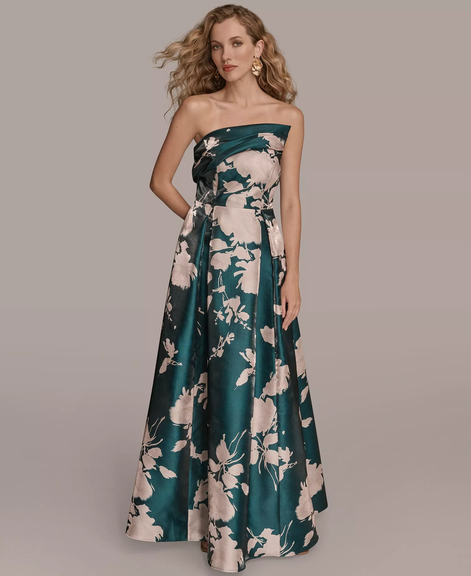 Women's Strapless Floral-Print Gown - Hudson Sand - 10