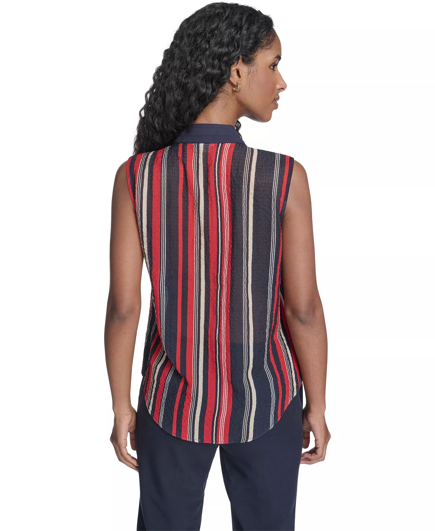 Women's Sleeveless Striped Tie V-Neck Blouse - Midnight/ Scarlet - L