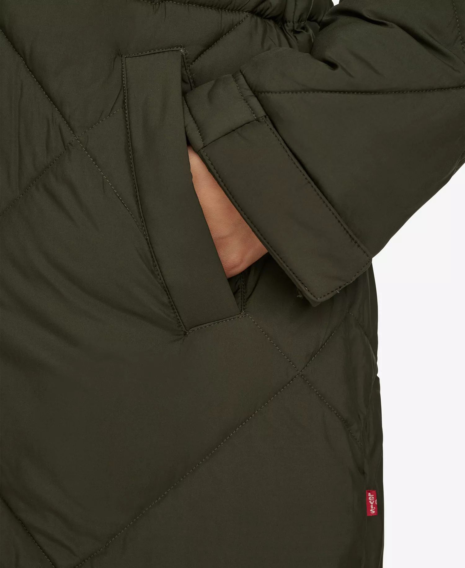 Women's Diamond Quilted Cinch Waist Parka Jacket - Army Green - L