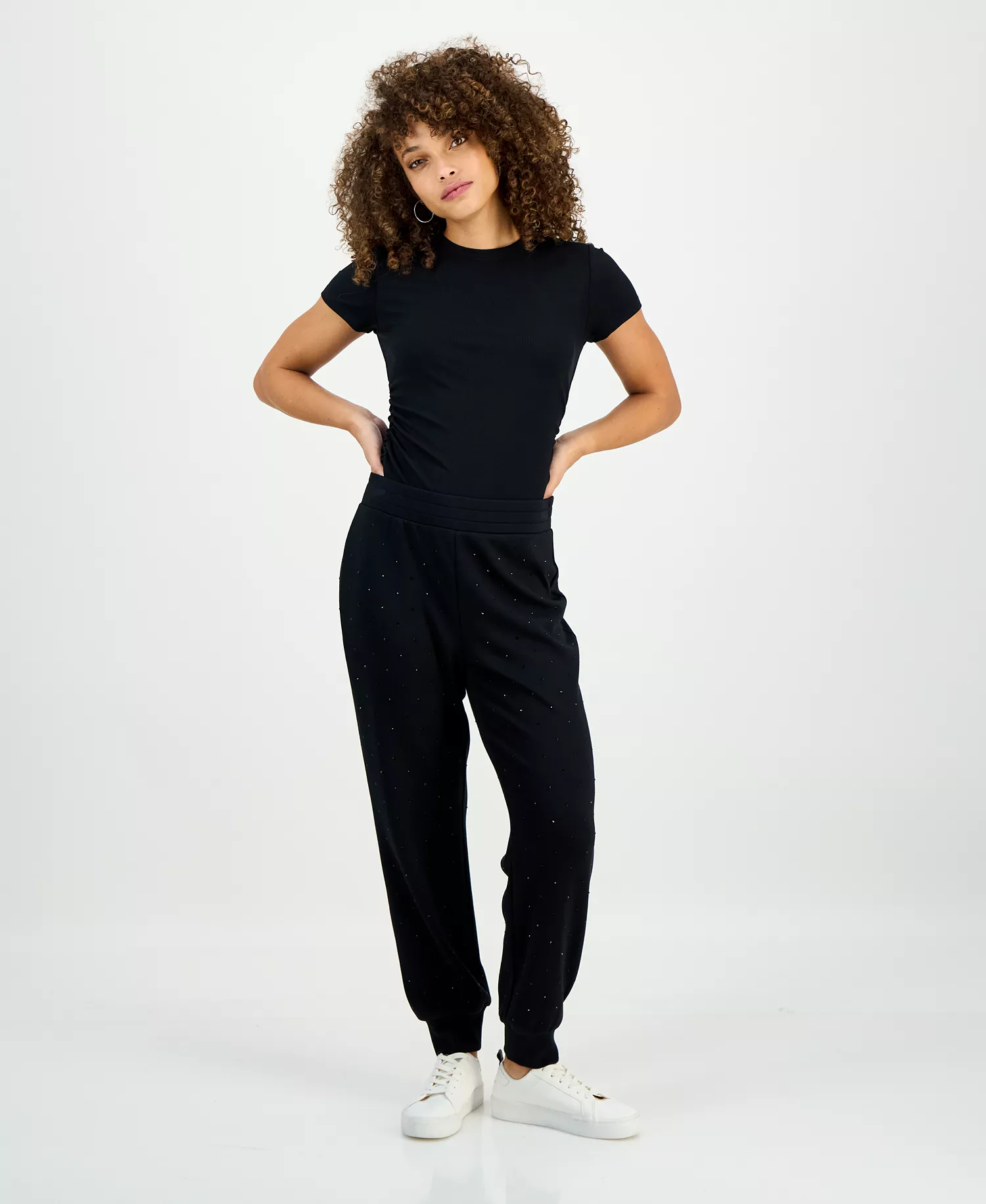 Petite Embellished High Rise Jogger Sweatpants, Macy's Exclusive - Deep Black - P/L
