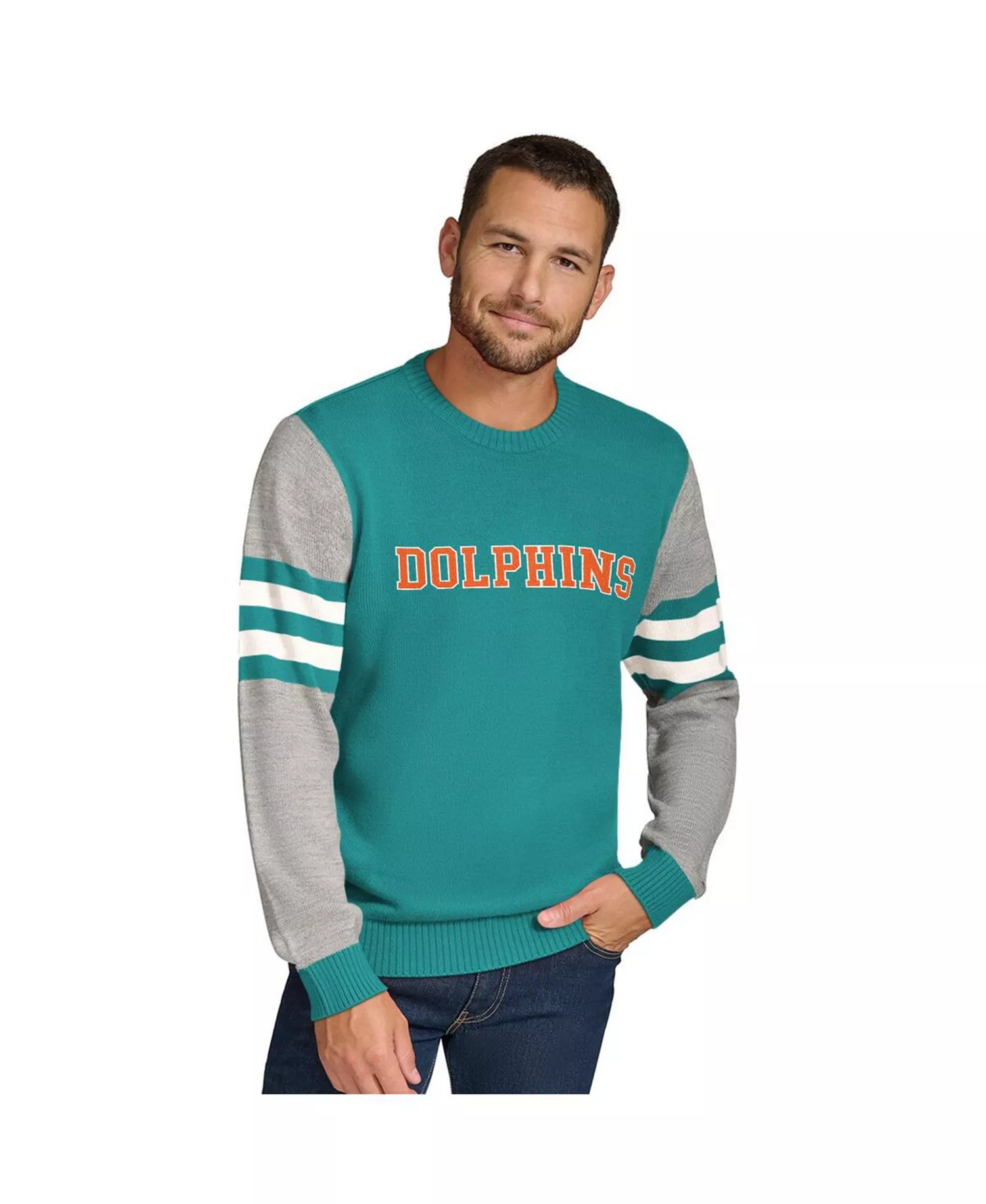 Men's Aqua/Heather Gray Miami Dolphins Acrylic Crewneck Pullover Sweatshirt - Aqua, Heather Gray - 2XL