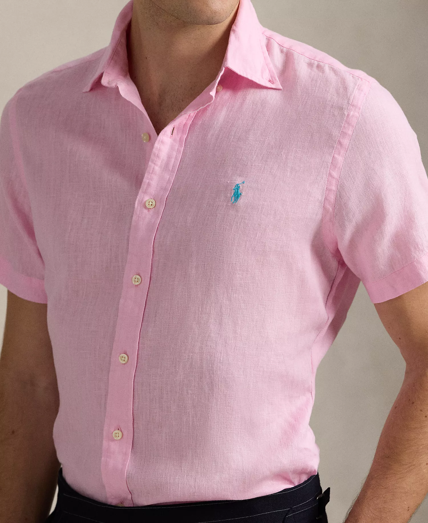 Men's Short-Sleeve Linen Button-Up - Carmel Pink - 2XL