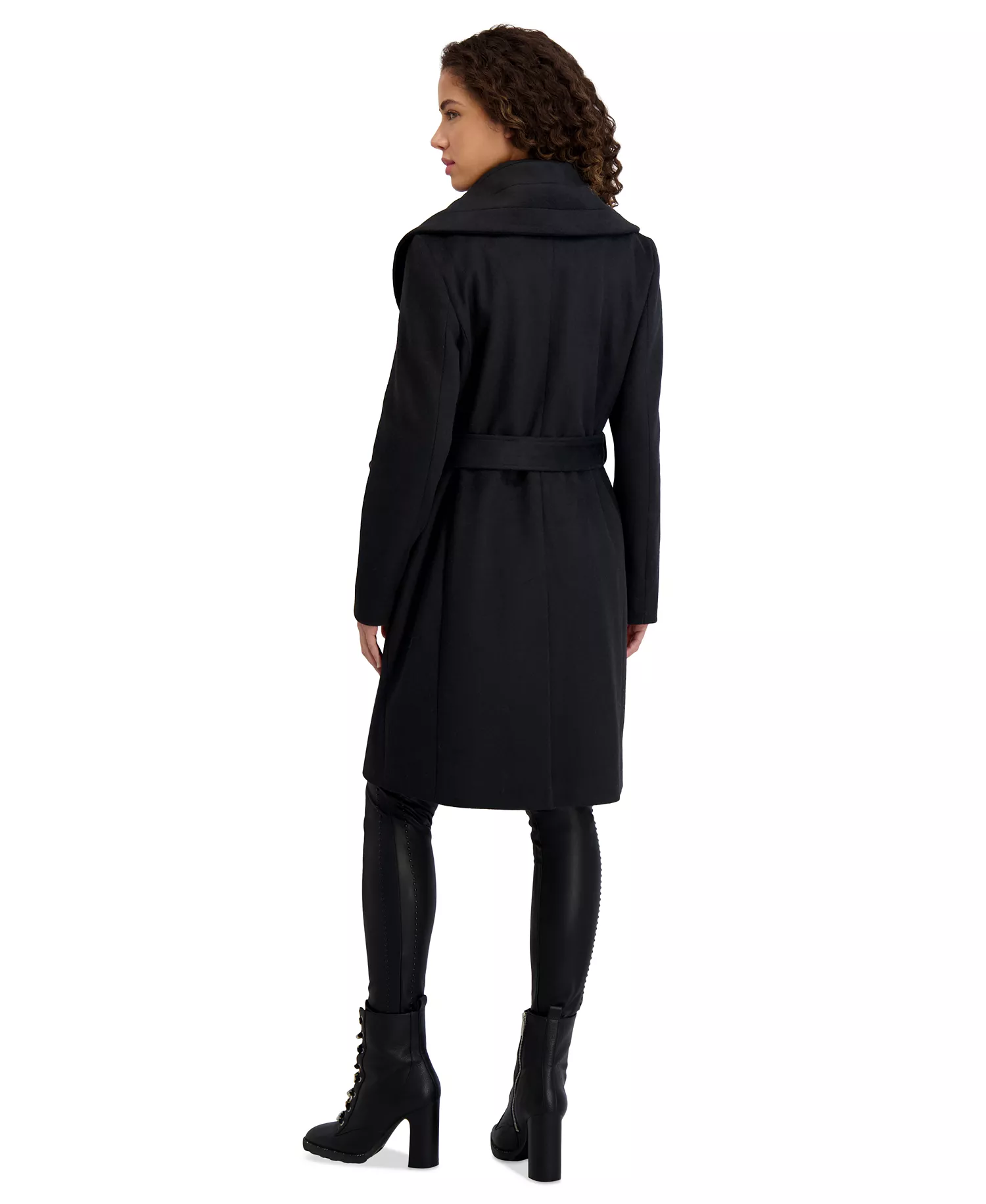 Women's Double-Breasted Belted Coat - Black - L