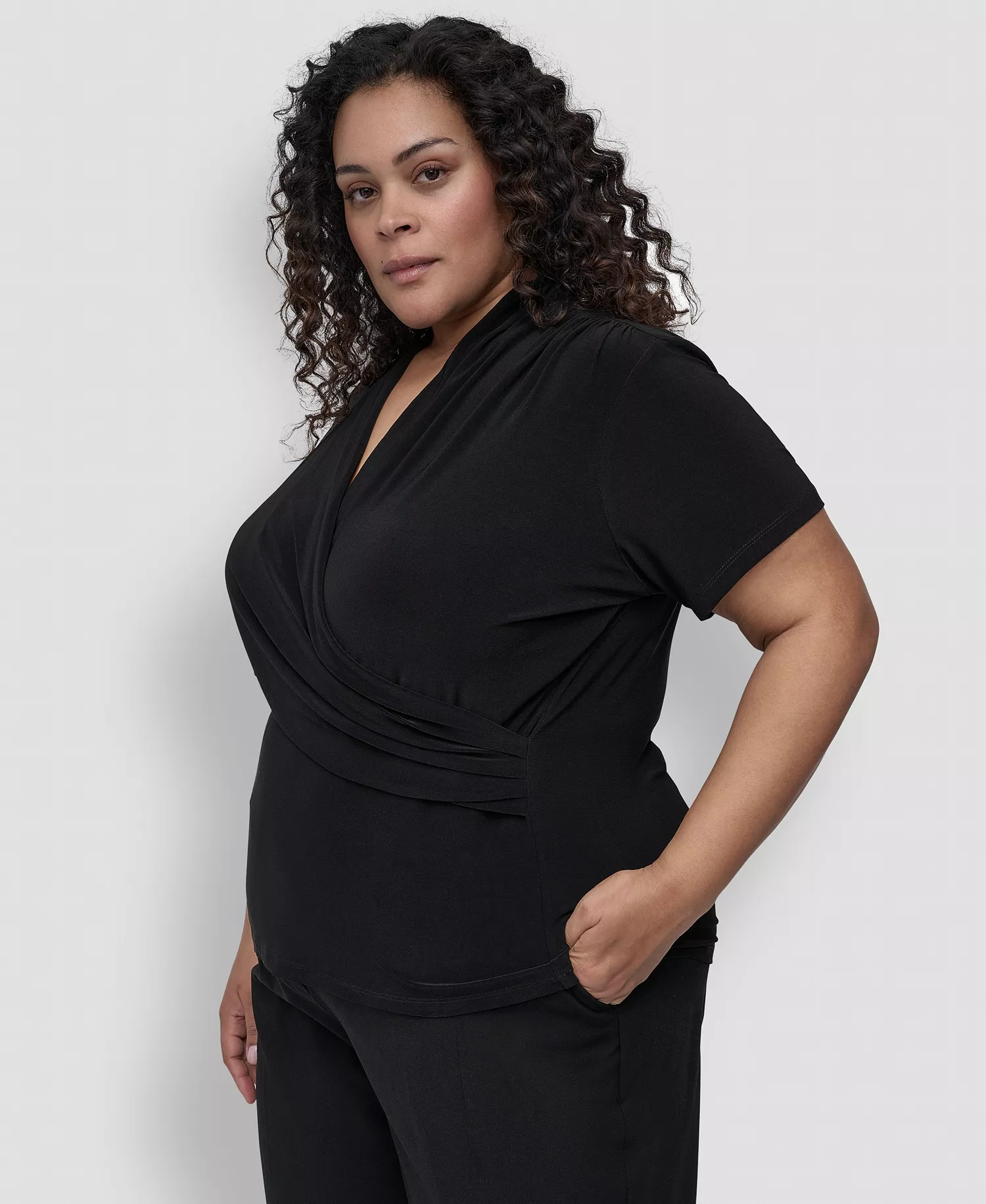 Plus Size Short-Sleeve Faux-Wrap Top - Black - 1X