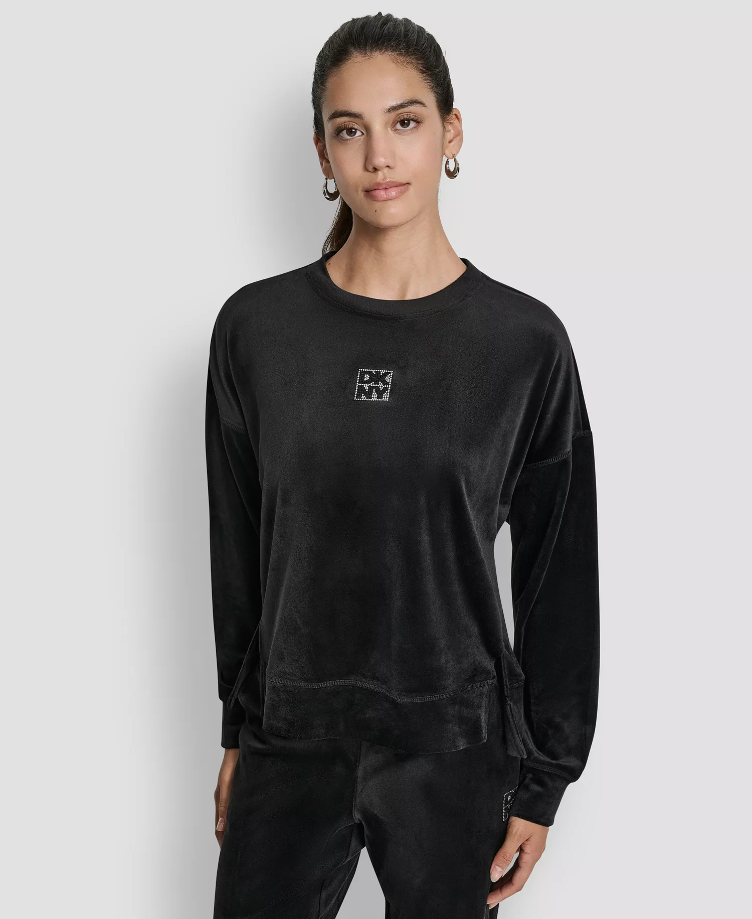 Women's Super Soft Velour Rhinestone Stacked Logo Crewneck Pullover Top - Black - L