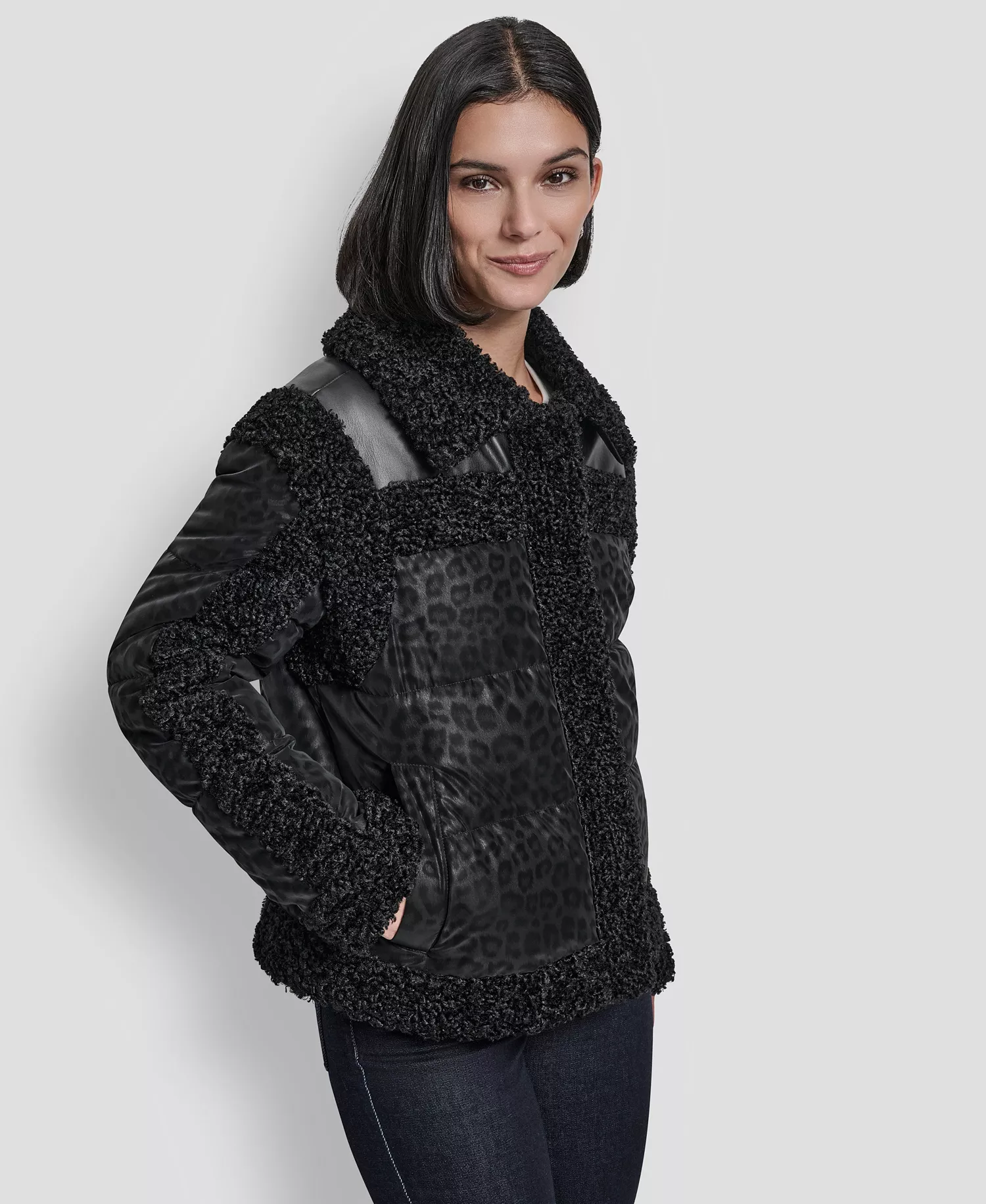 Women's Collared Mixed Media Cheetah Tech Jacket - Black - L