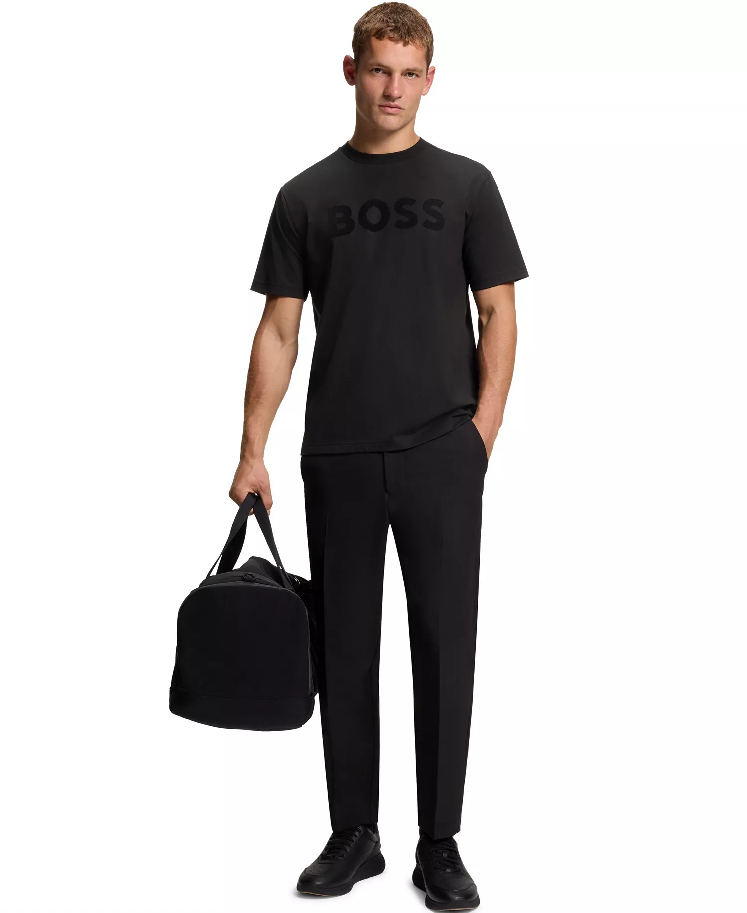 Men's Stretch Cotton Tonal Logo Relaxed-Fit T-Shirt - Black - L