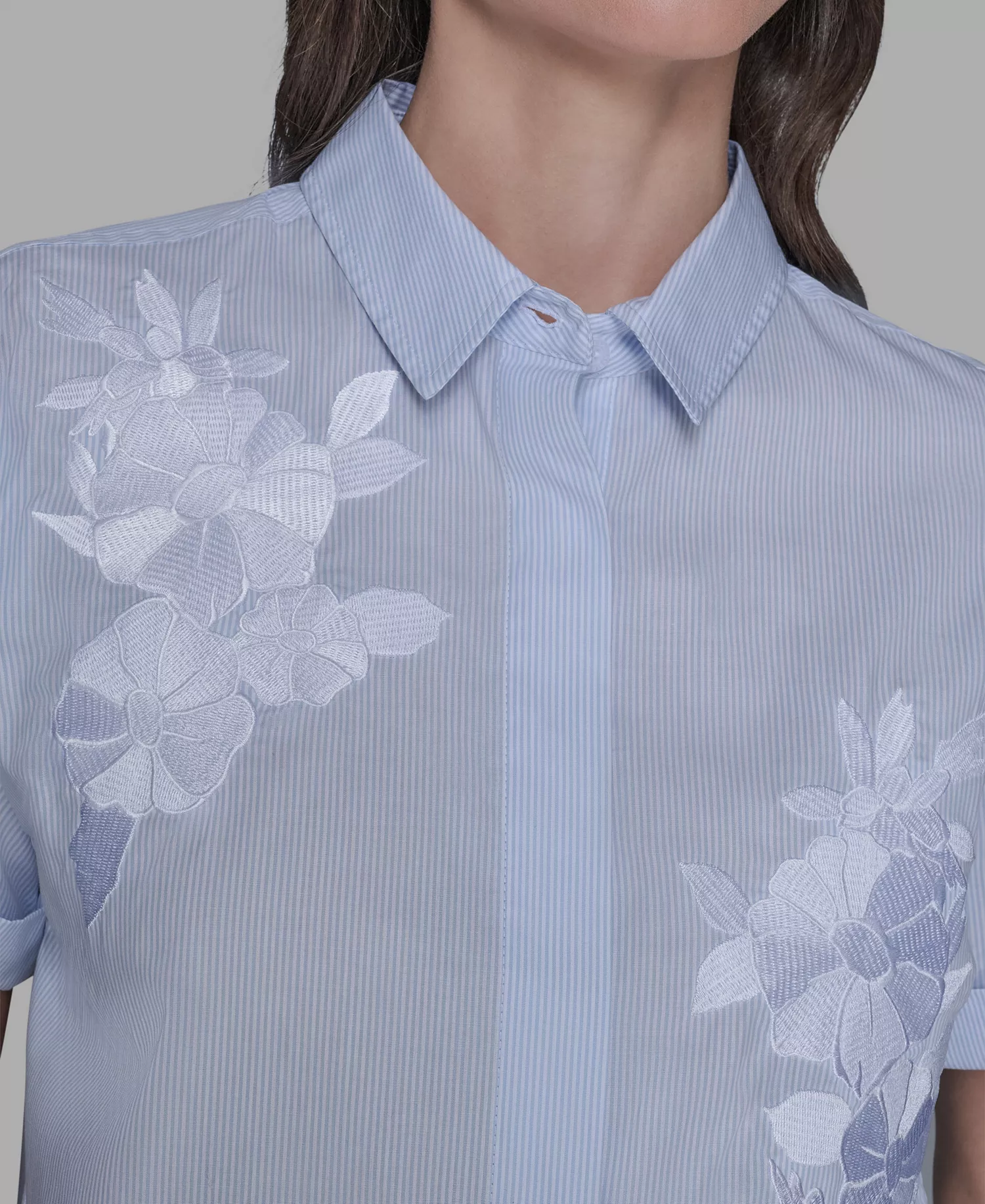 Women's Short-Sleeve Striped Floral Poplin Blouse - Blue Aura/soft White - L