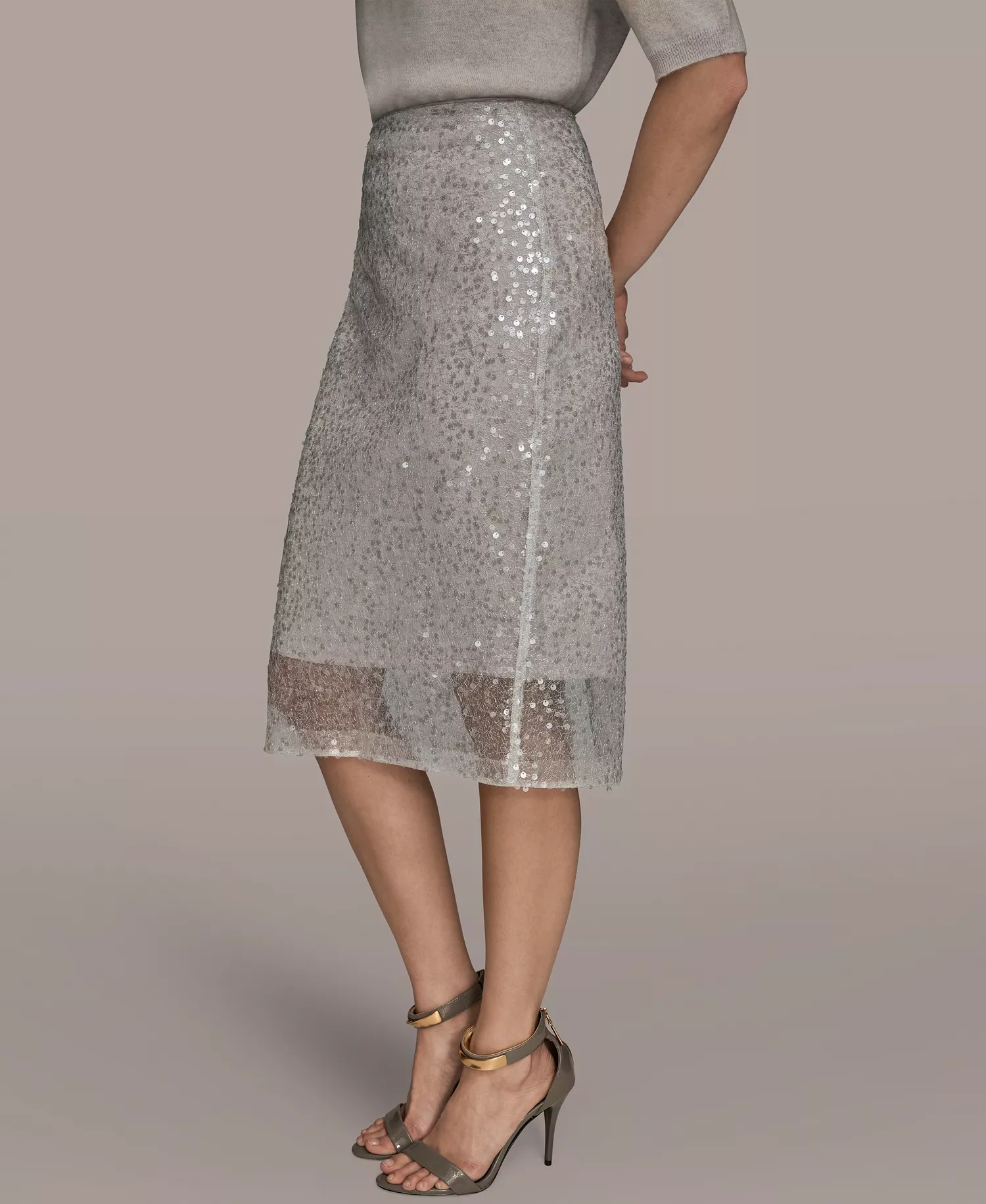 Women's Sequin Detail Mesh Pencil Skirt - Silver Combo - 10