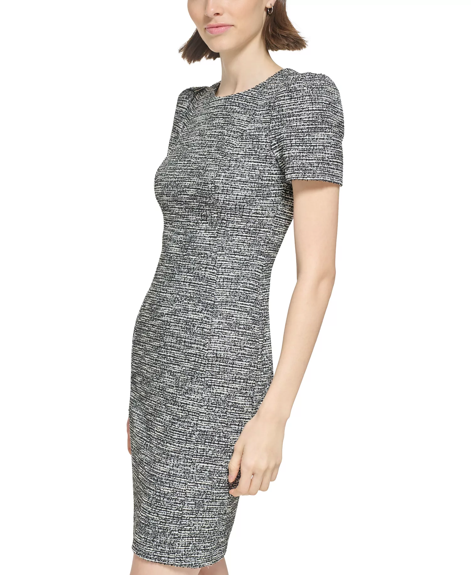 Women's Tweed Short-sleeve Sheath Mini Dress - Black.Cream - 10