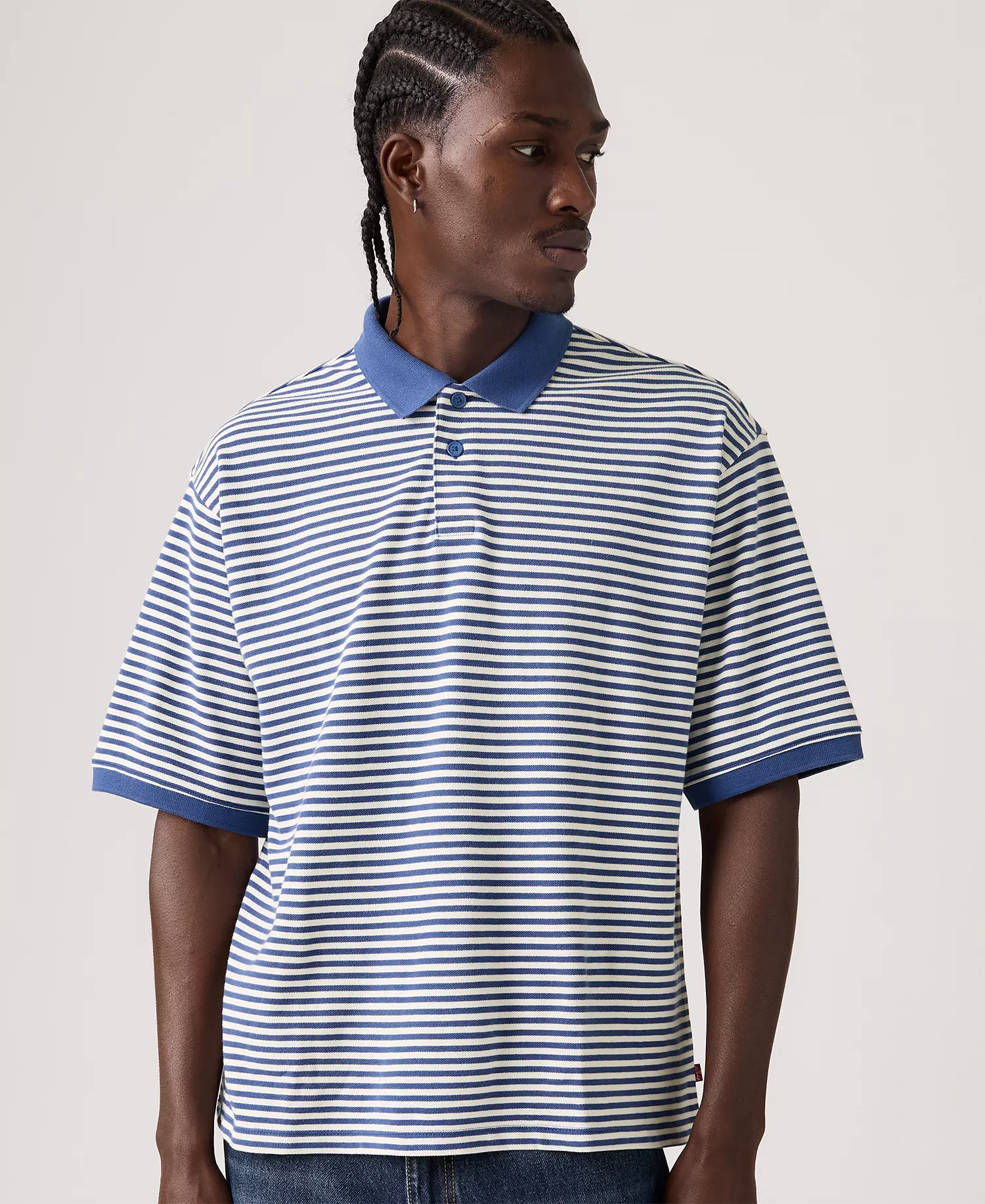 Men's Boxy Striped Collared Polo Shirt - Blue - 2XL