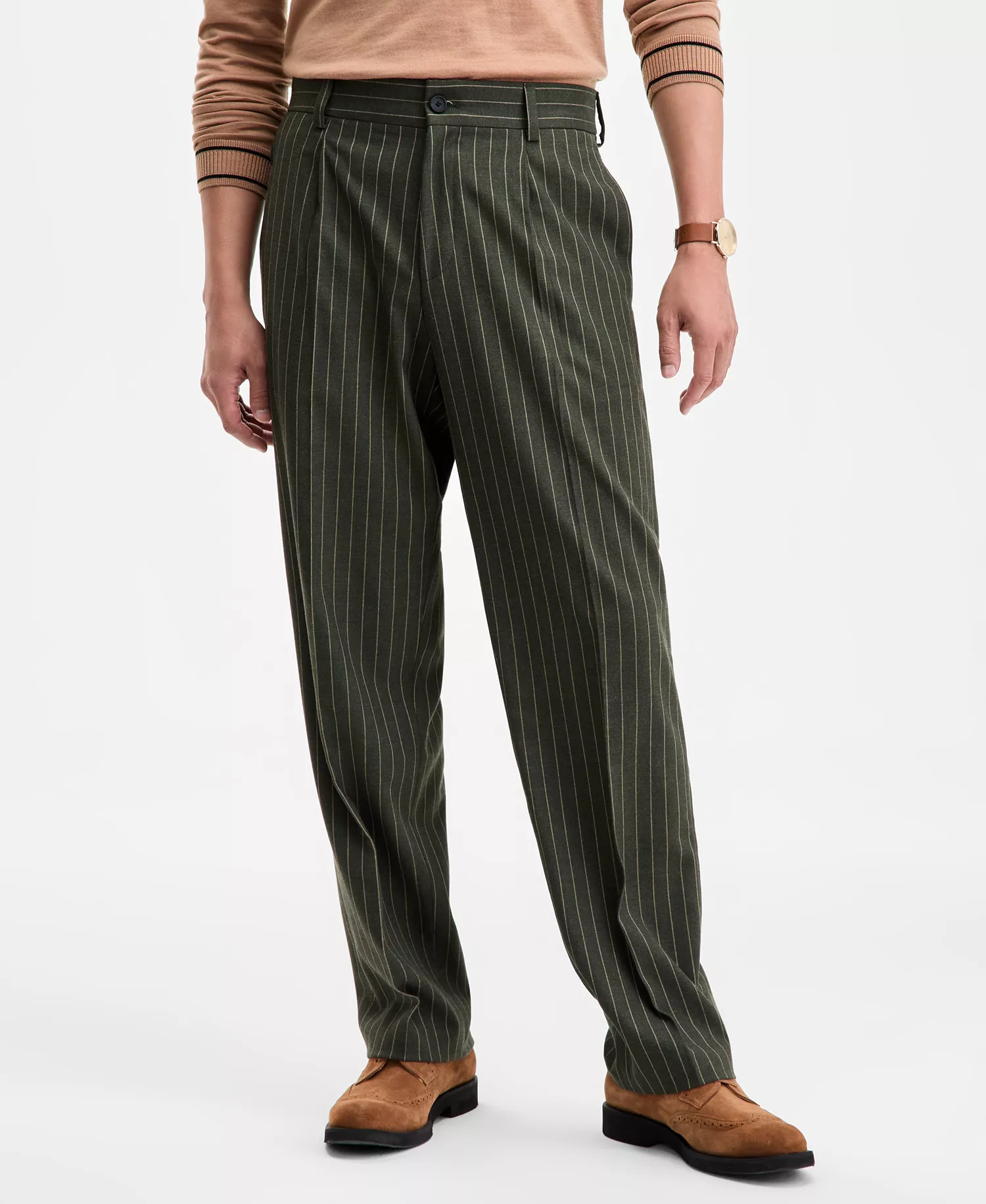 Men's Modern-Fit Pleated Pinstripe Suit Pants - Dark Green - 38R