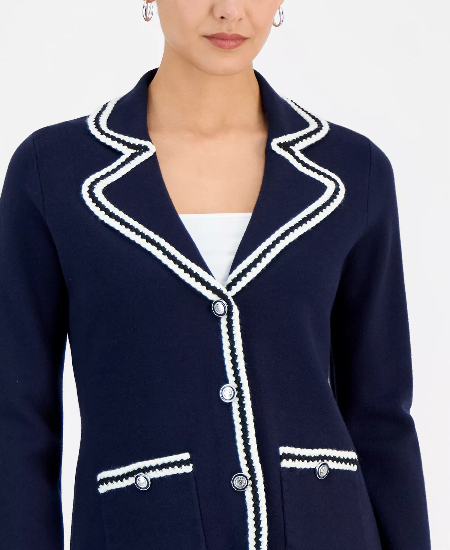 Women's Three-Button Colorblocked-Trim Jacket - Navy/white - L