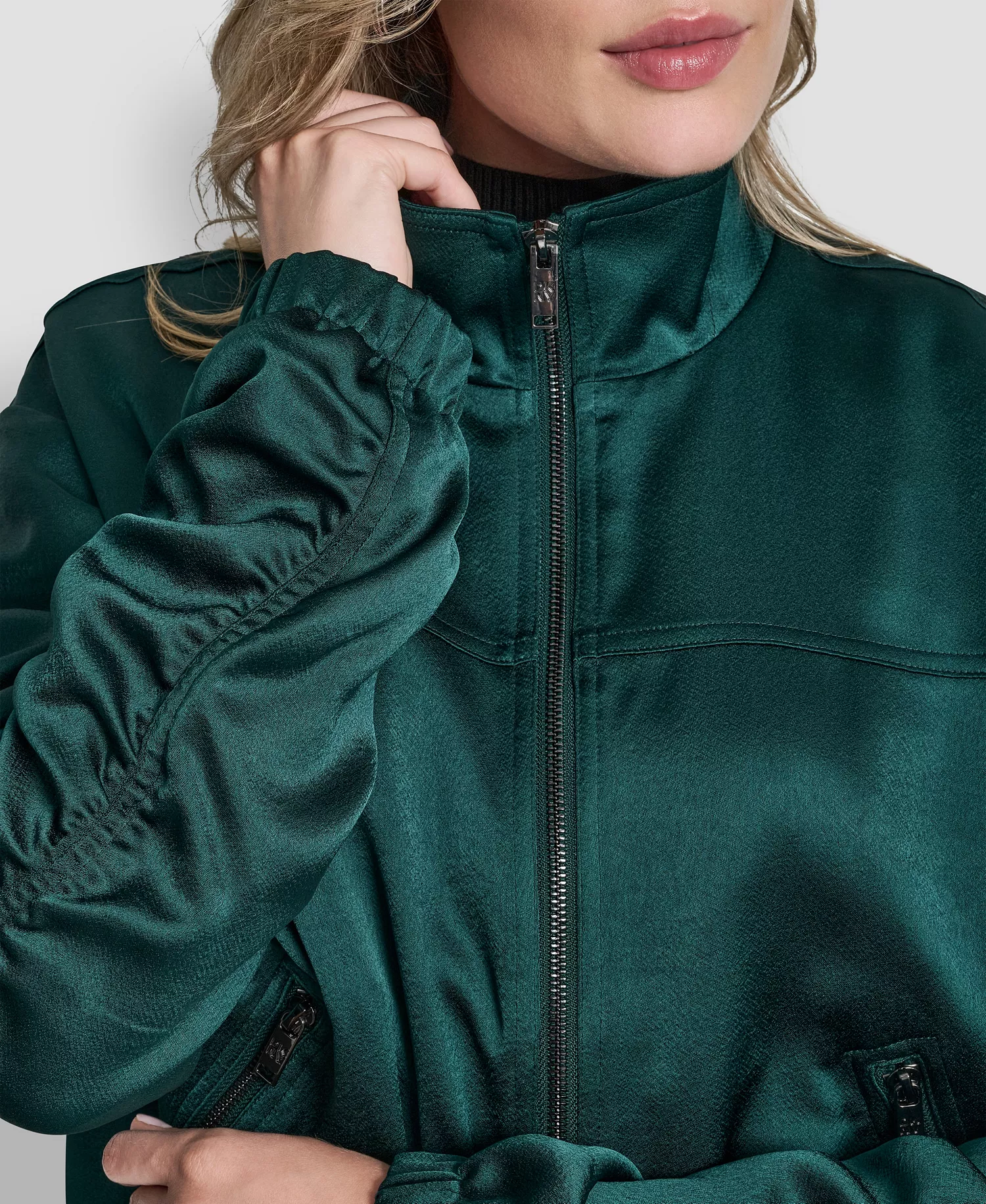 Women's Mock Neck Ruched Cropped Bomber Jacket - Atlantic Green - L
