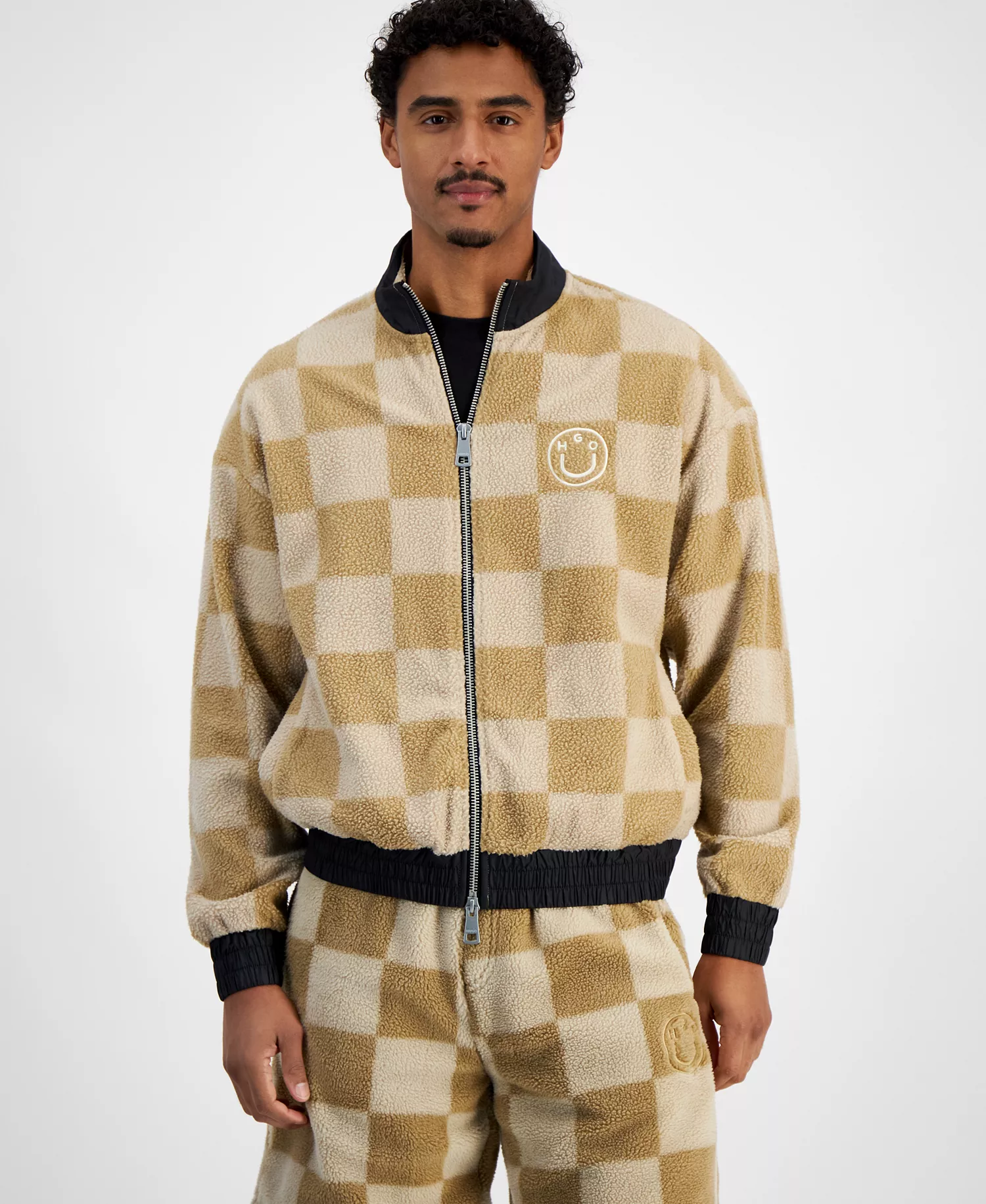 Men's Naliso Relaxed Fit Zip-Front Checkered Track Jacketed - Medium Beige - 2XL