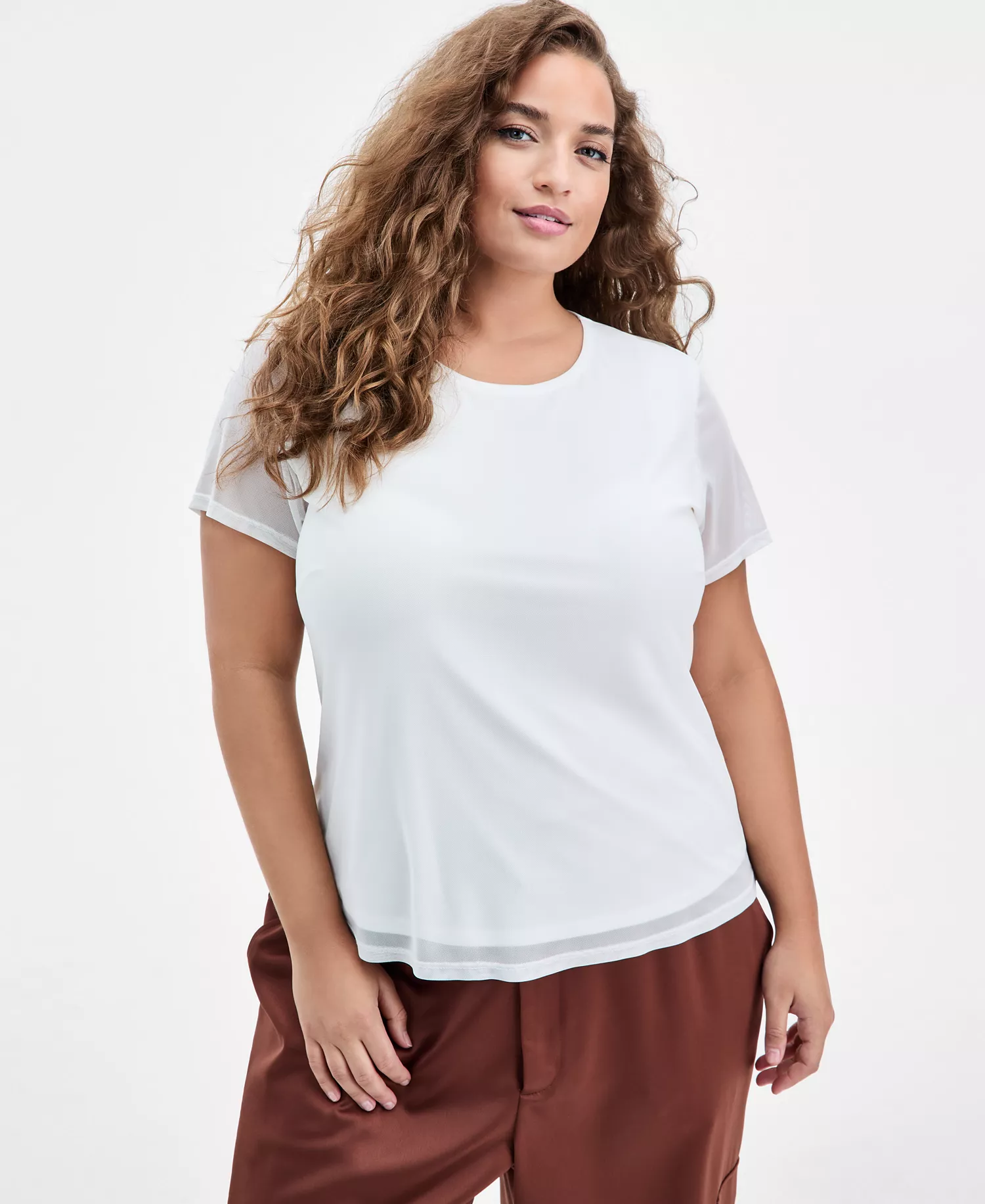 Trendy Plus Size Trendy Plus Size Mesh Short-Sleeve Top, Macy's Exclusive - Ivory - 1X