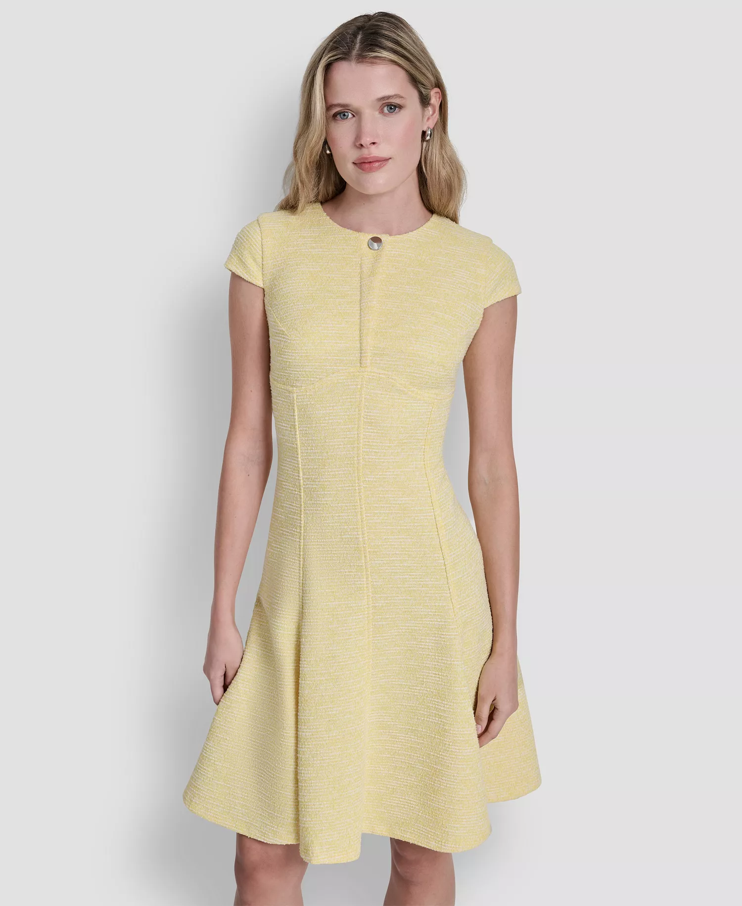 Women's Cap-Sleeve Crew Neck Fit and Flare Dress - Daffodil/Ivory - 10