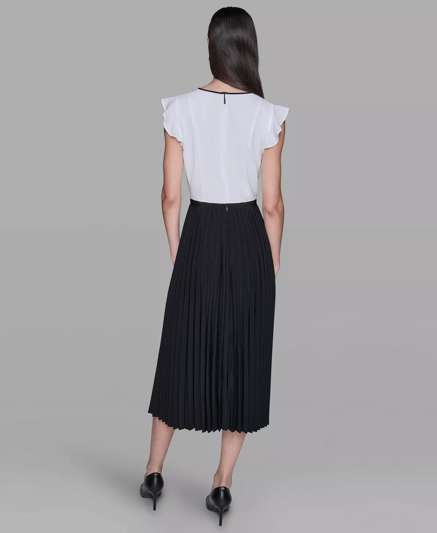 Women's Silky Crepe Midi Dress with Pleated Skirt - Soft White/ Black - 10