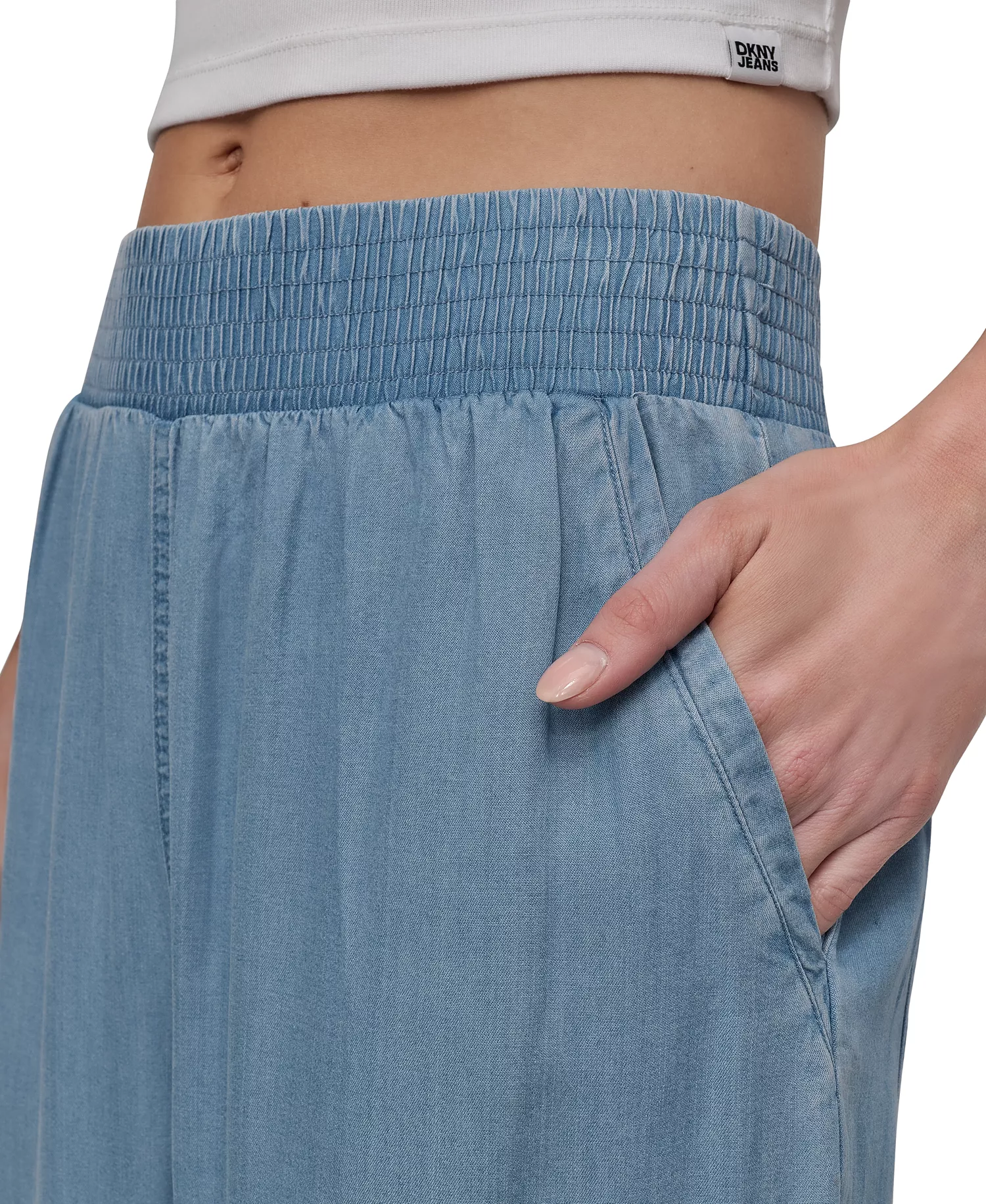 Petite Chambray Smocked-Waist Wide-Leg Ankle Pants - Chambray - P/L