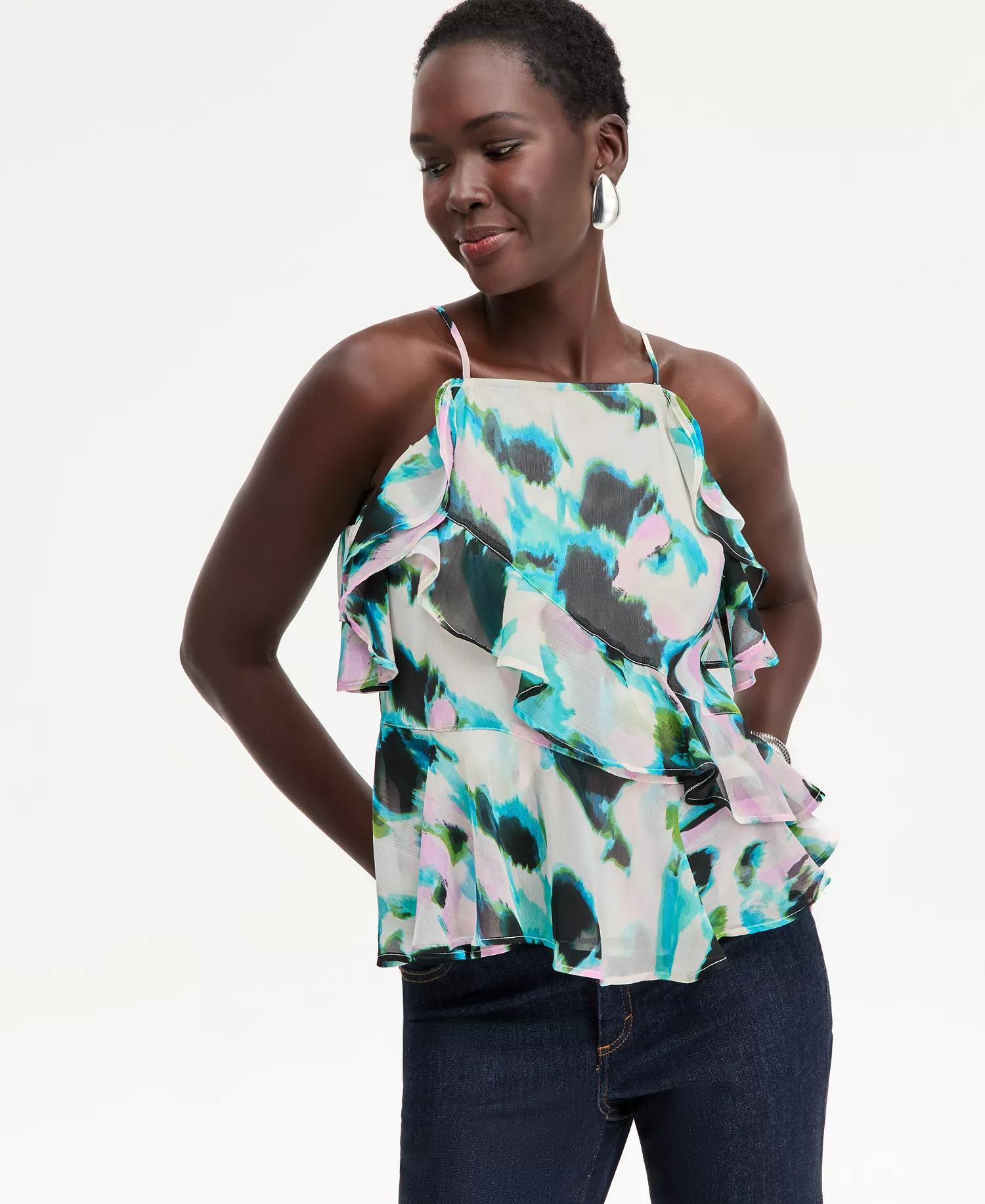 Women's Ruffle-Trim Apron-Neck Tank, Macy's Exclusive - Meera Abstract - S