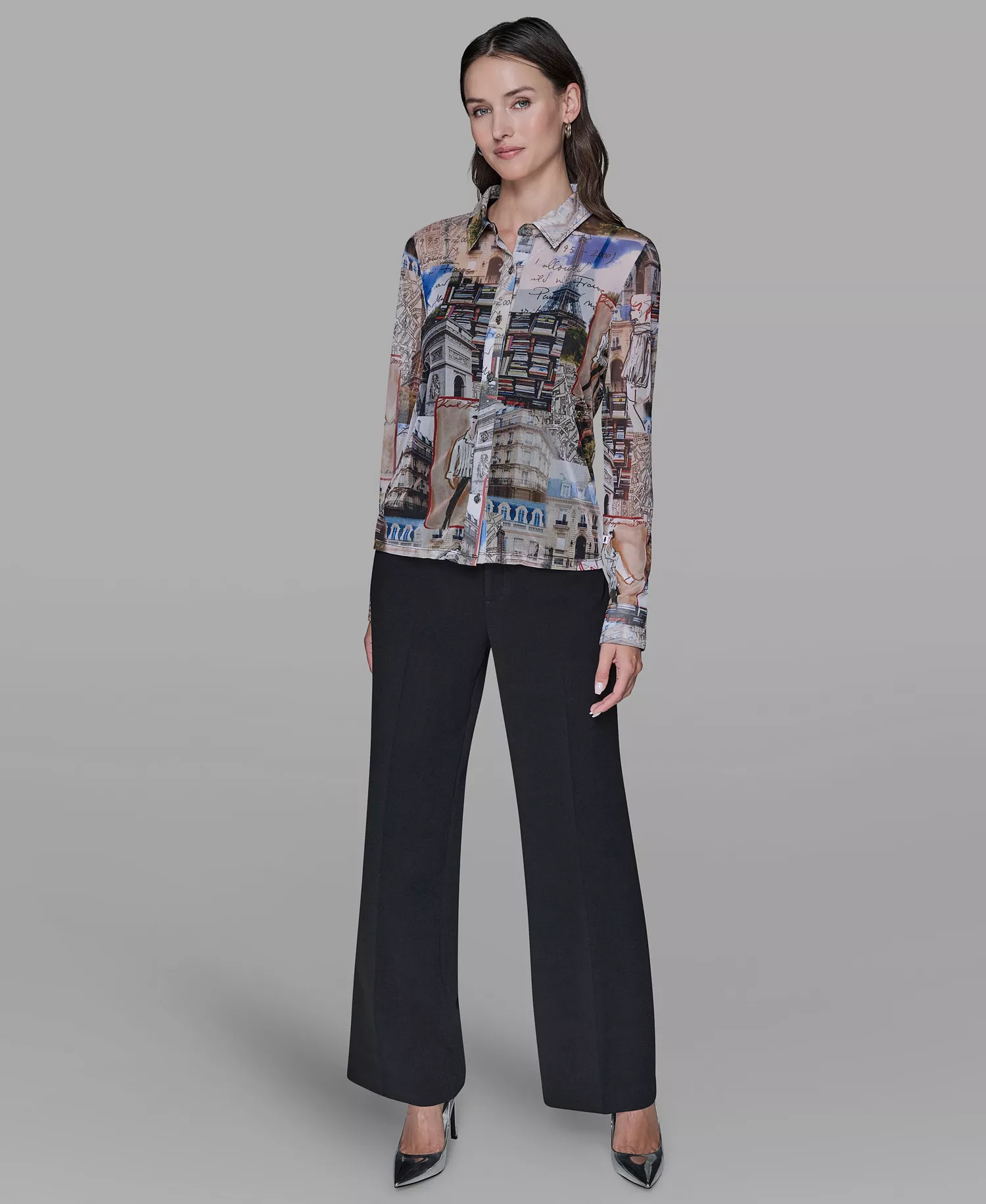 Women's Printed Mesh Long-Sleeve Collared Blouse - Soft White/ Cartouche Multi - L