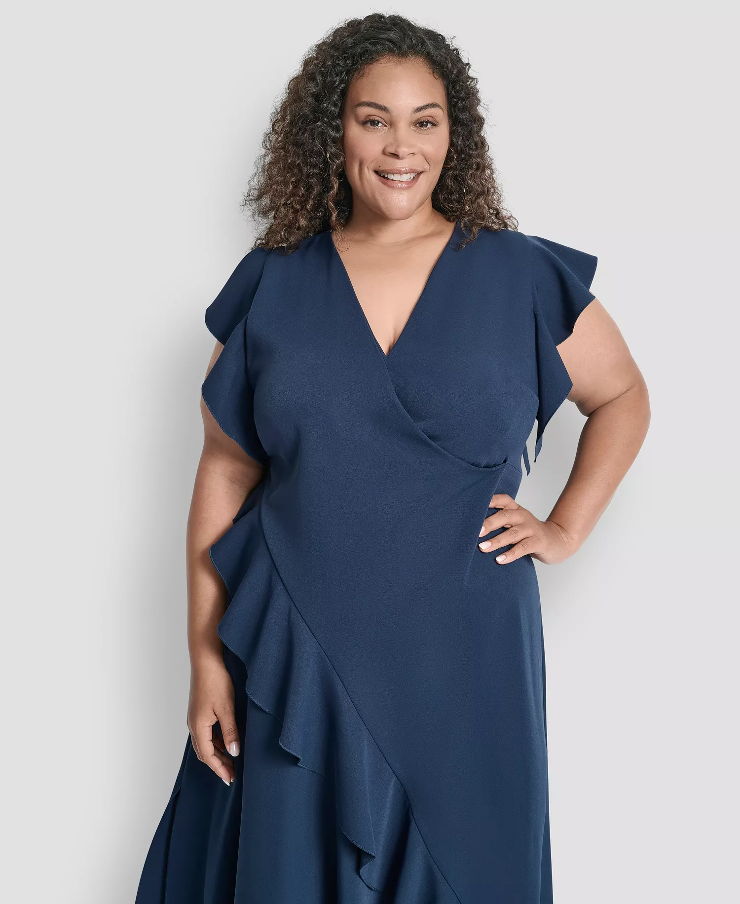 Plus Size V-Neck Ruffle Sleeve Midi Dress - Indigo - 14W