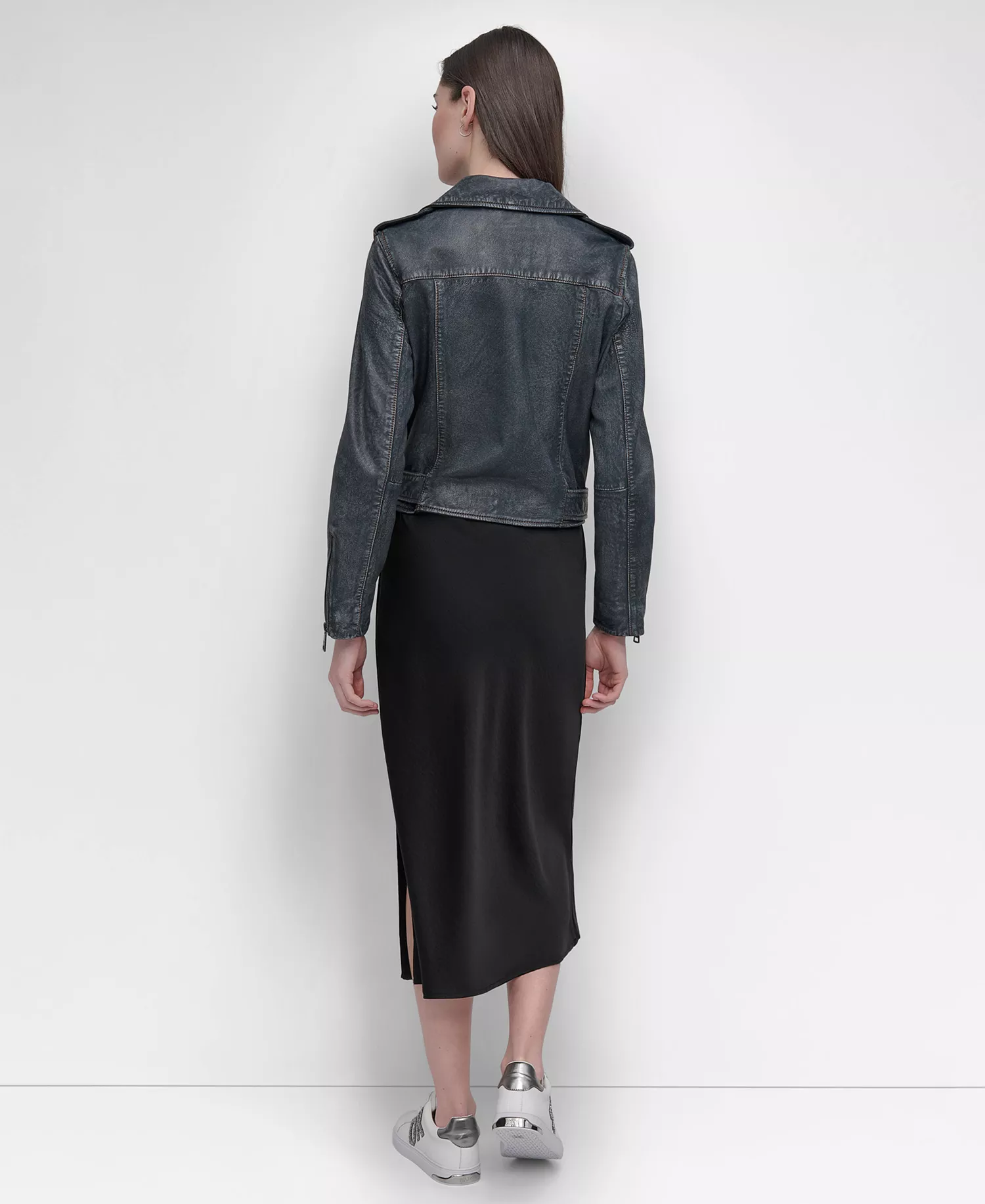 Women's Leather Asymmetrical Zip-closure Moto Jacket - Denim - L