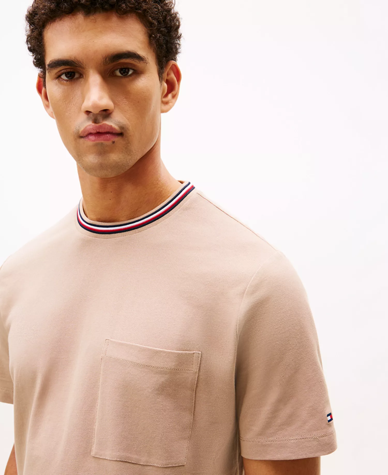 Men's Neck Stripe Detail Pique Pocket T-Shirt - Coastal Taupe - L