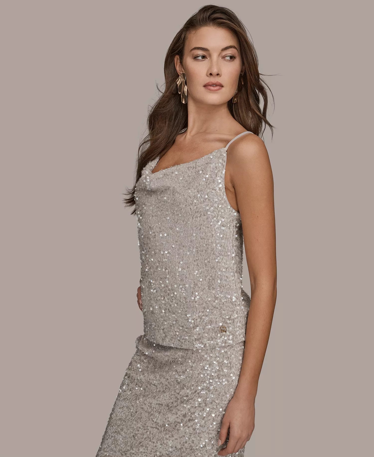 Women's Sequin Detail Cowl Neck Camisole - Vapor - L