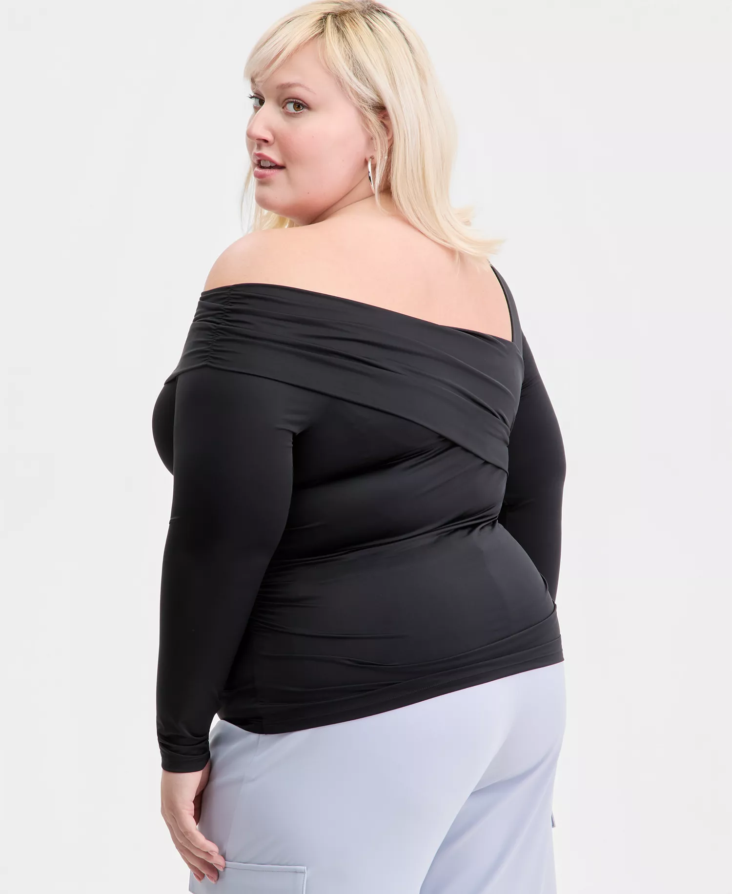 Trendy Plus Size Asymmetrical-Neck Long-Sleeve Top, Macy's Exclusive - Black - 0X