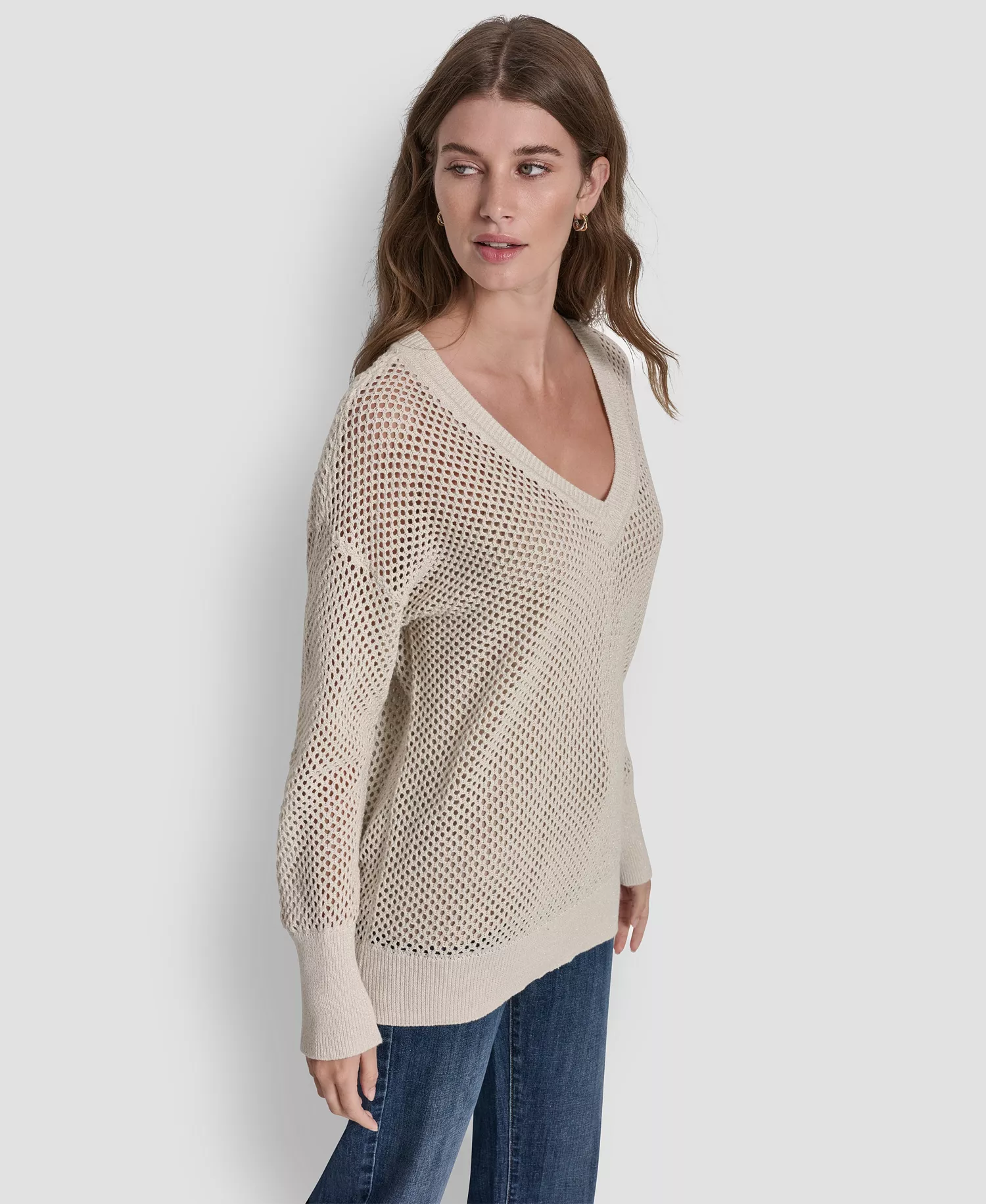 Women's Long-Sleeve V-Neck Open Stitch Lurex Sweater With Logo Charm - Eggnog/Silver - L