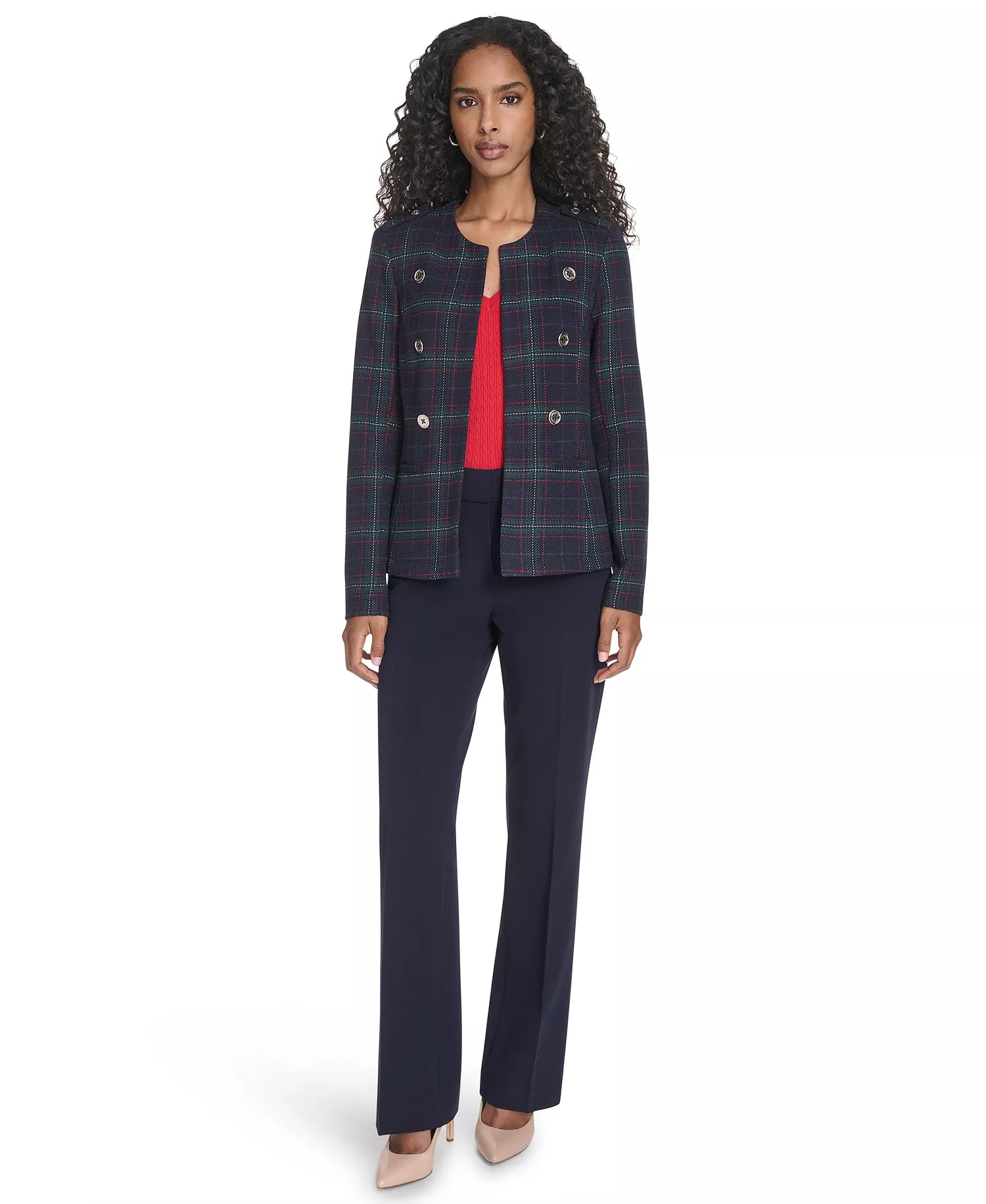 Women's Windowpane Open Front Band Jacket - Midnight Multi - M