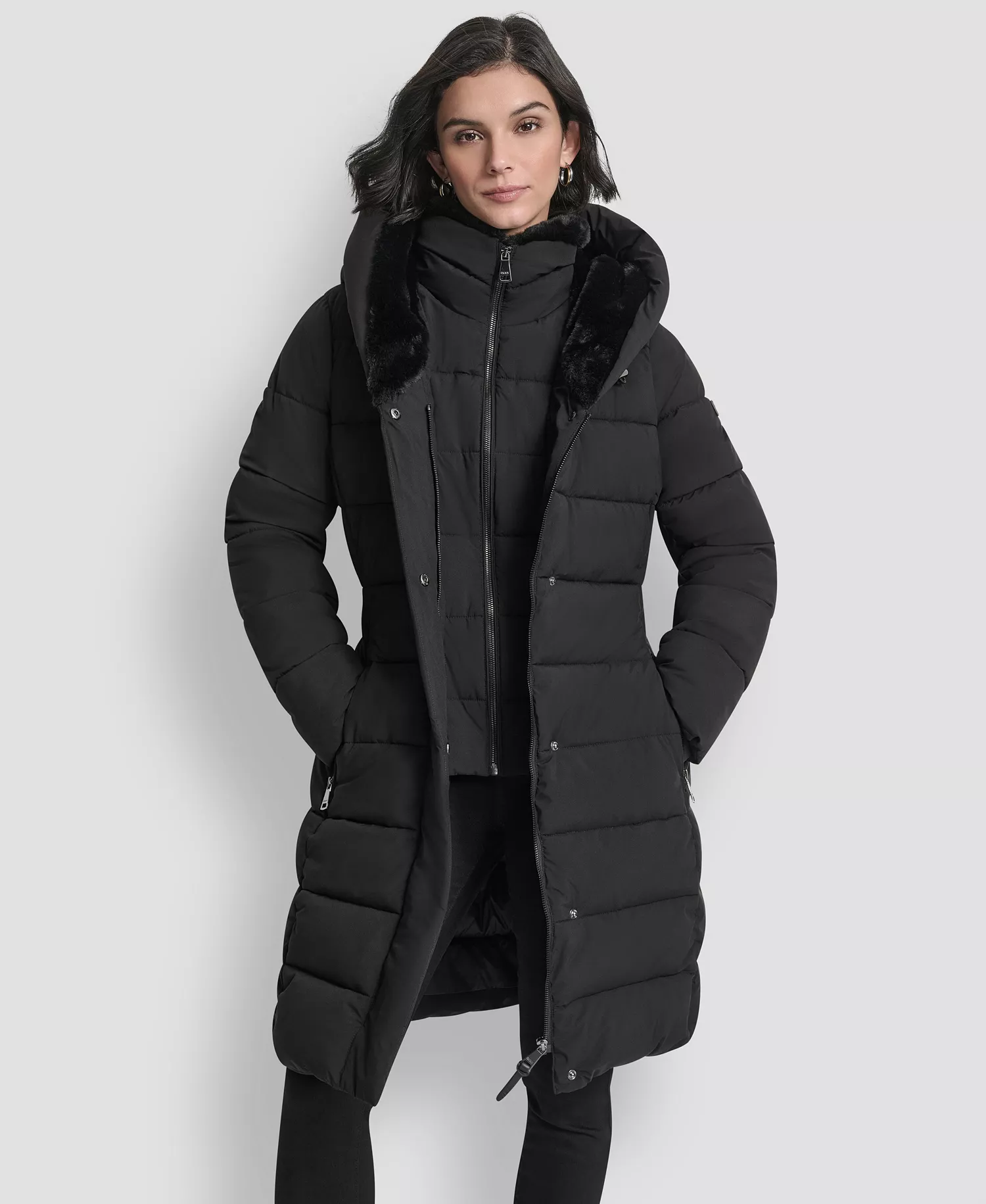 Women's Belted Asymmetrical Zip Front Puffer Coat - Black - M