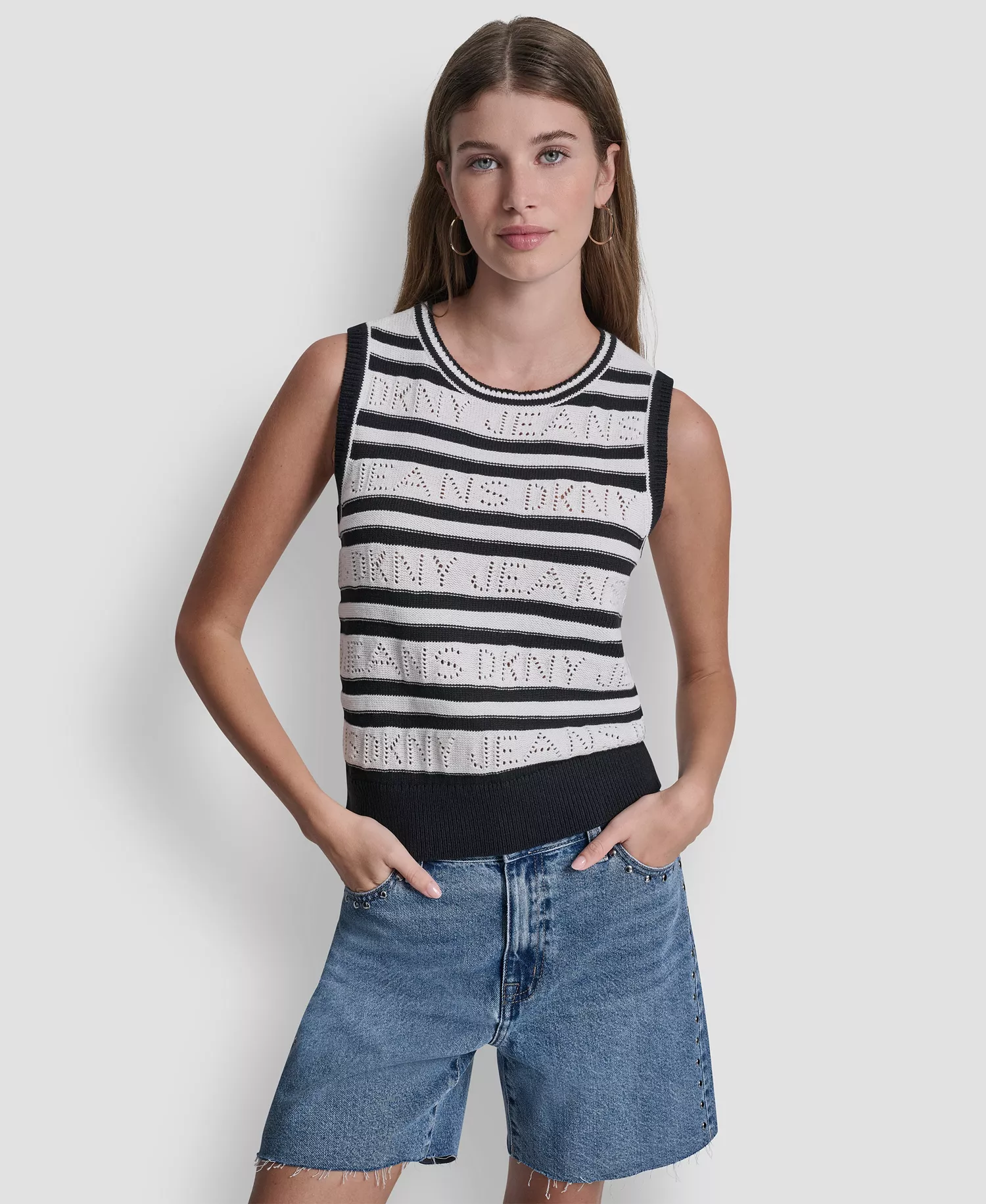 Women's Sleeveless Logo Pointelle Striped Sweater - Ivory/black - L