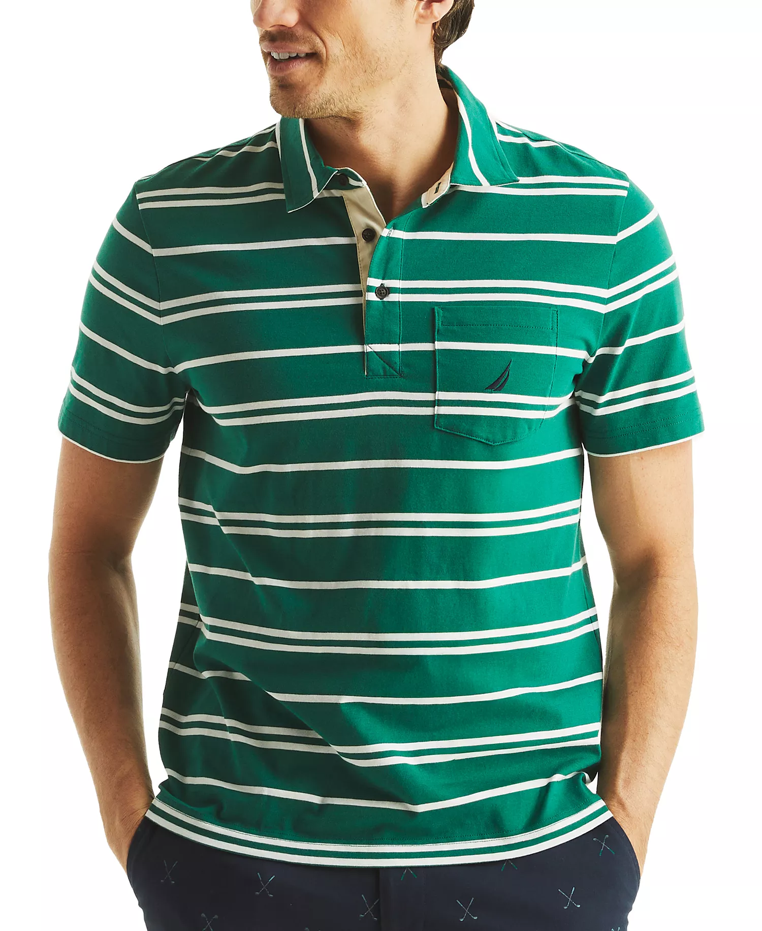 Men's Short Sleeve Striped Polo Shirt - Green Leaf - 2XL