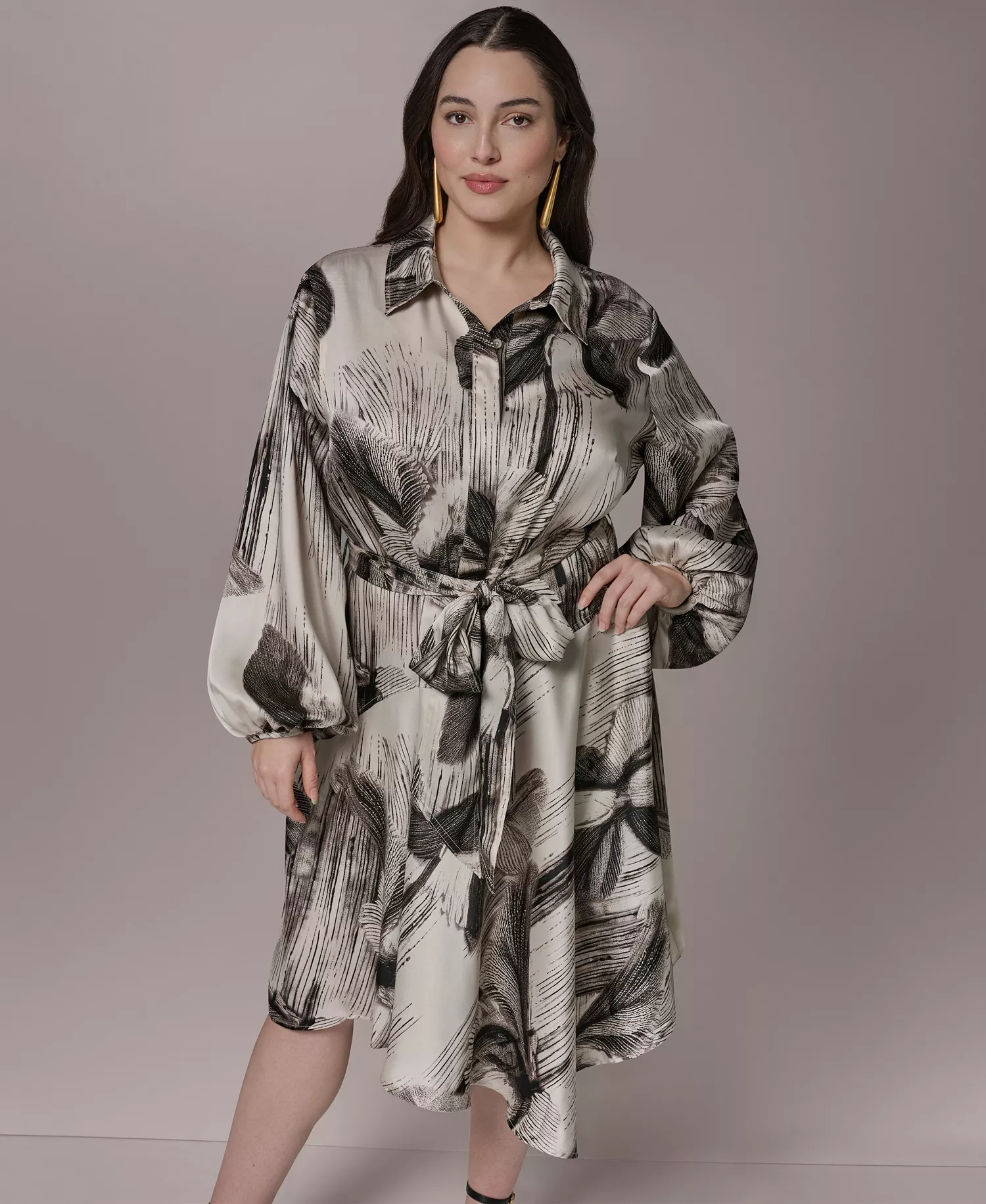 Plus Size Balloon-Sleeve Shirt Dress - Black/vellum - 14W